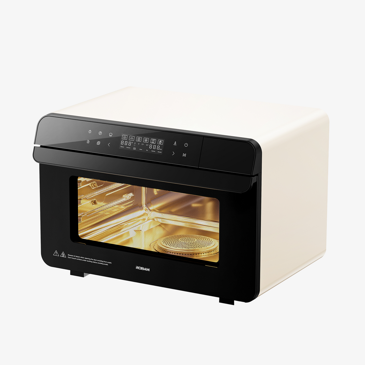Cream white steam oven with dark glass door and top control panel