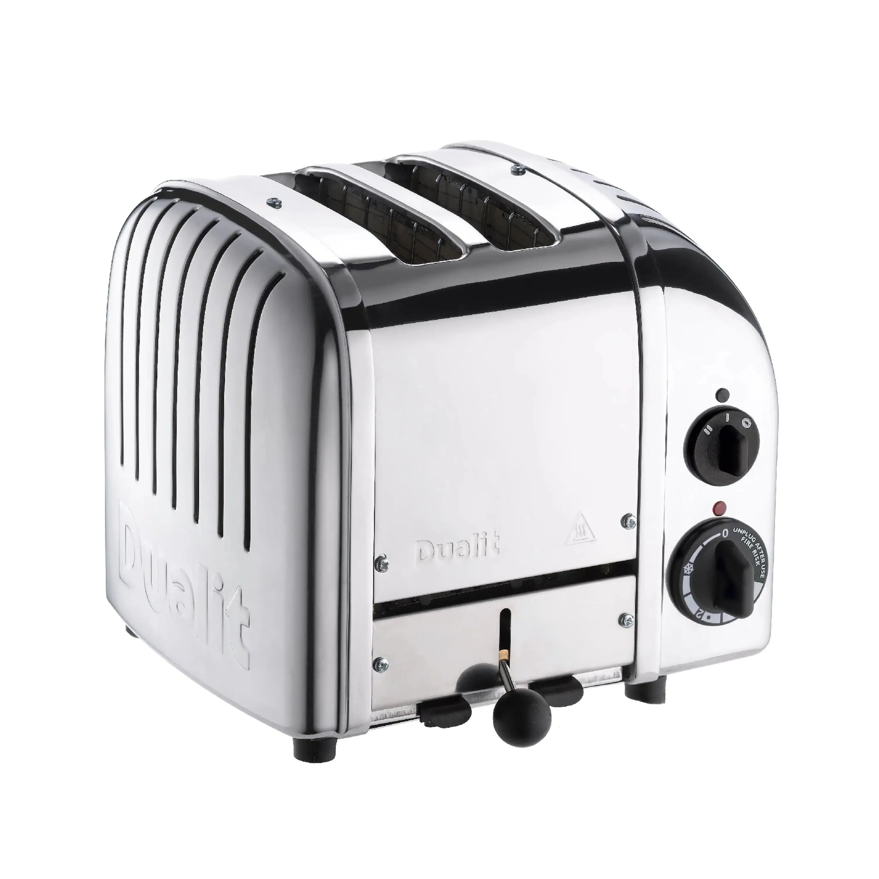 Dualit chrome two-slice toaster with top slots and control knobs