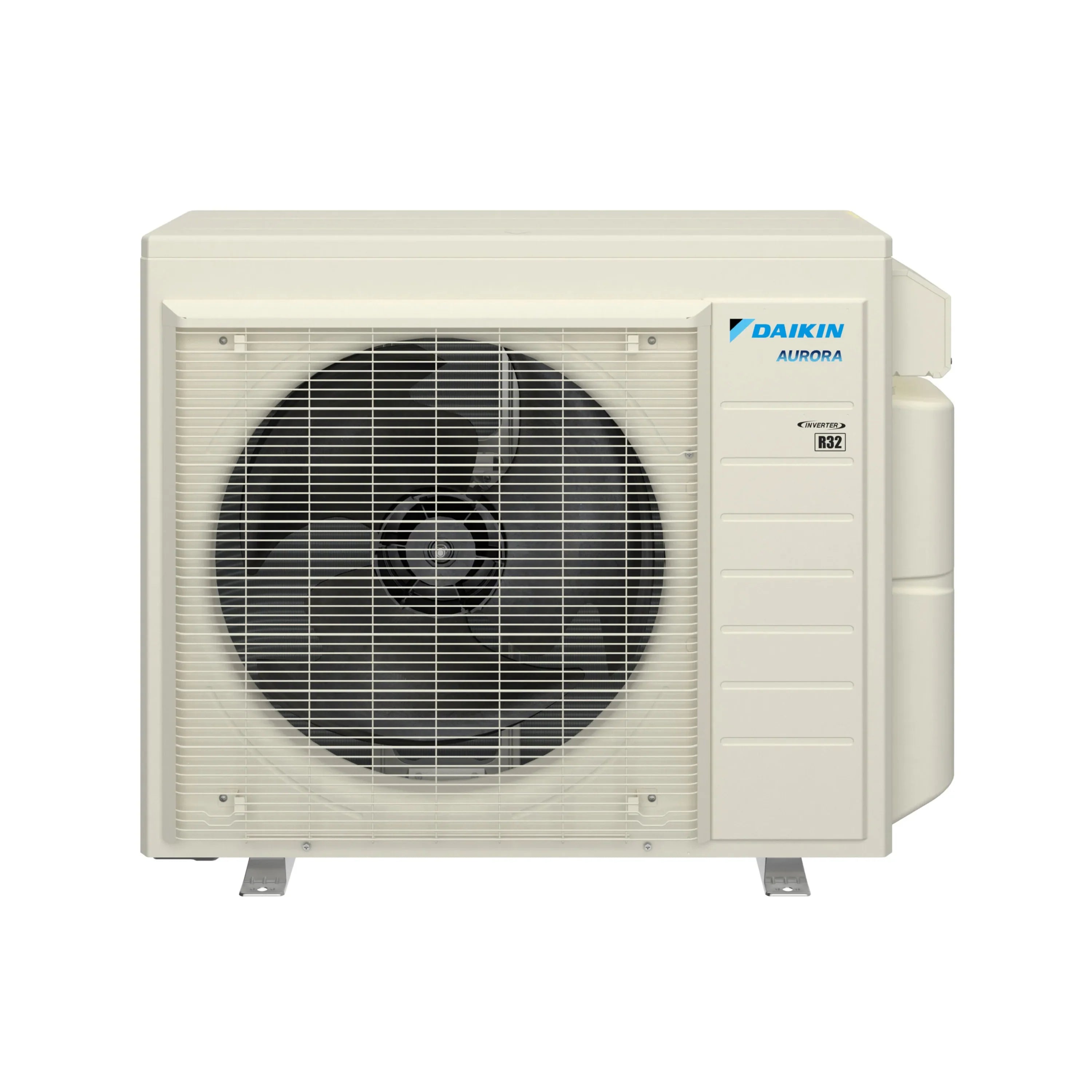 Daikin Aurora ductless mini split outdoor unit, white with grille fan and side controls