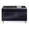 ILVE 60-Inch Nostalgie II Noblesse Natural Gas Dual Fuel Range with 9 Sealed Burners, Griddle, and Solid Door Oven in Midnight Blue with Bronze Trim (UN60FQNMPMBB)