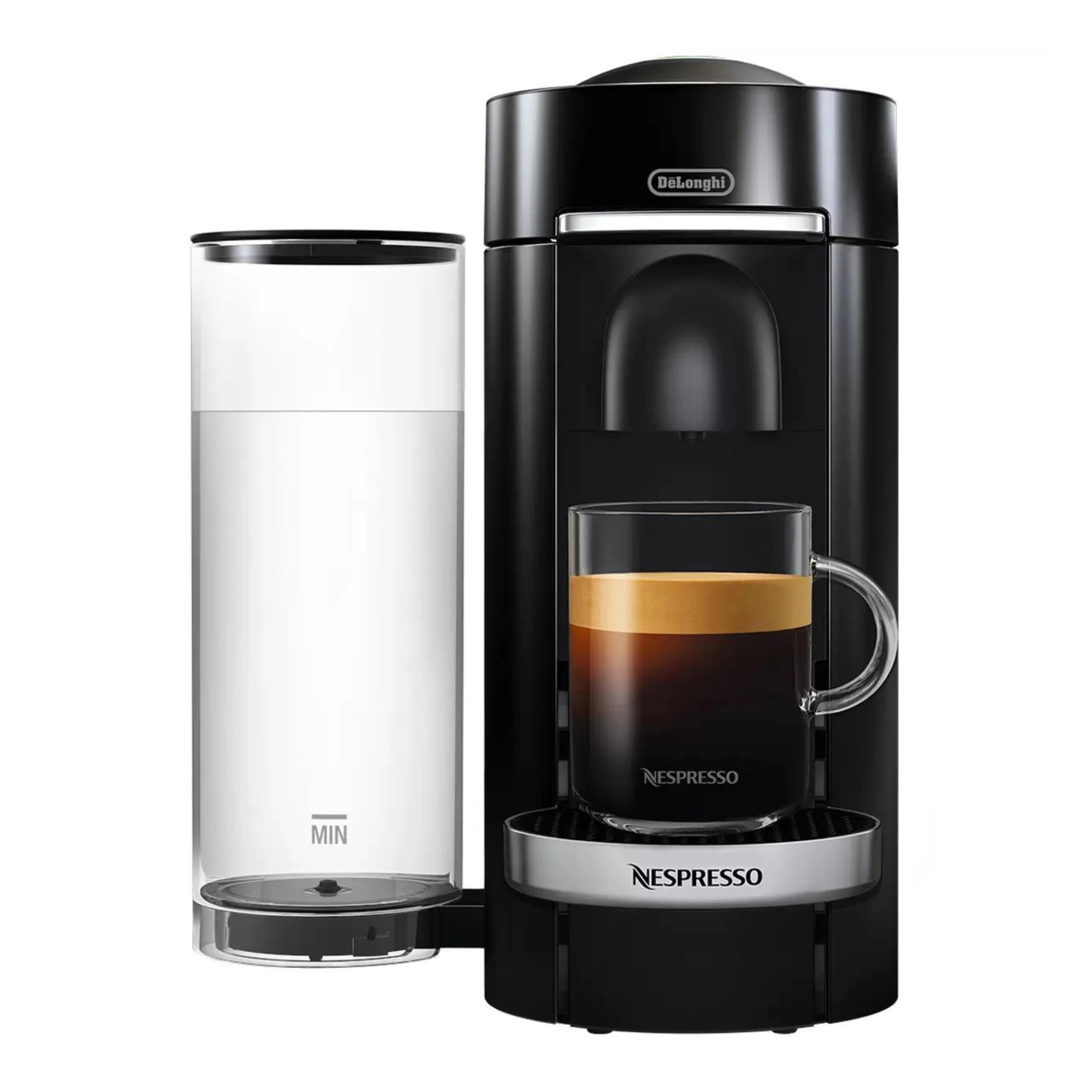 De'Longhi Nespresso single-serve machine in piano black with chrome accents and cups