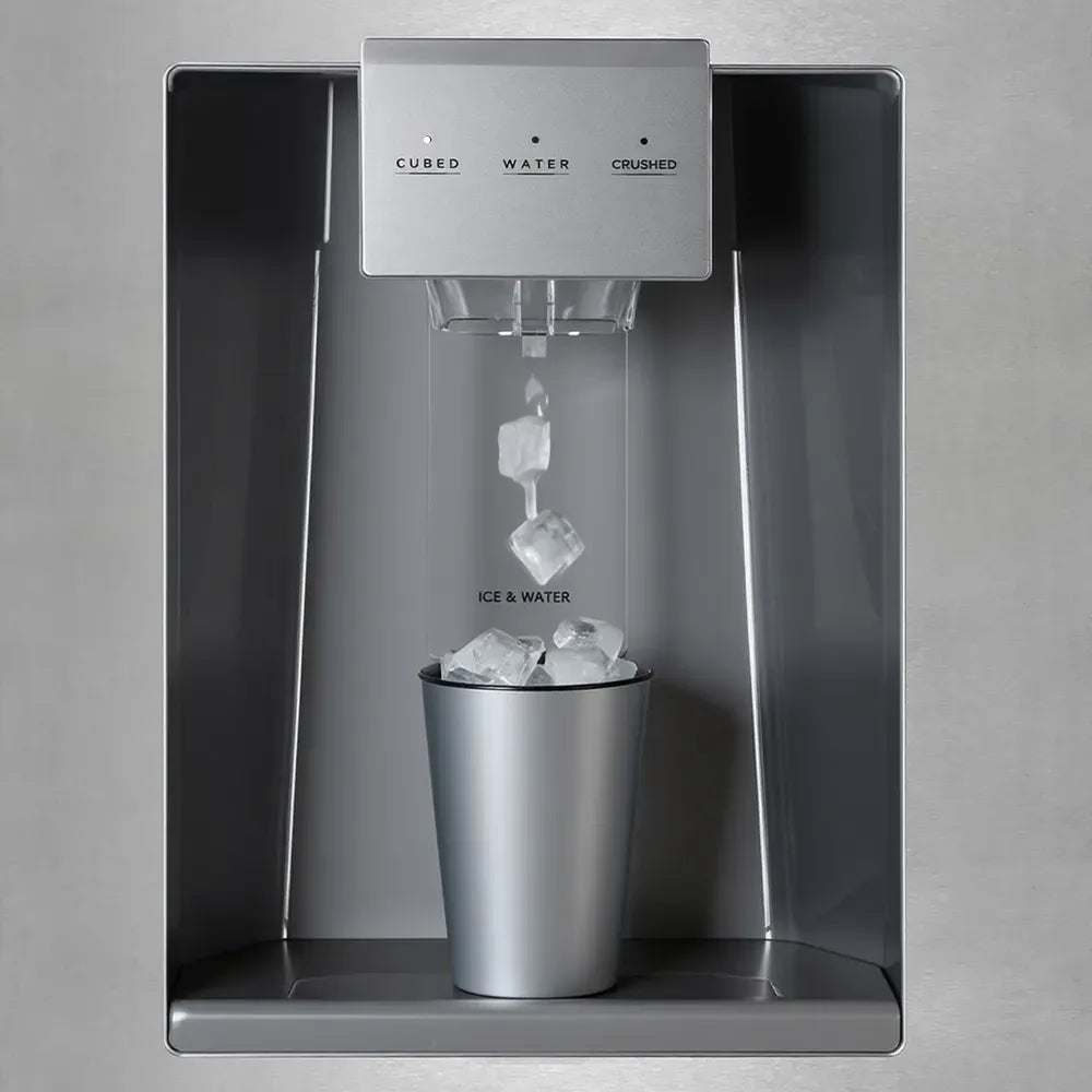 Counter-depth ice and water dispenser chute with ice bucket, stainless steel