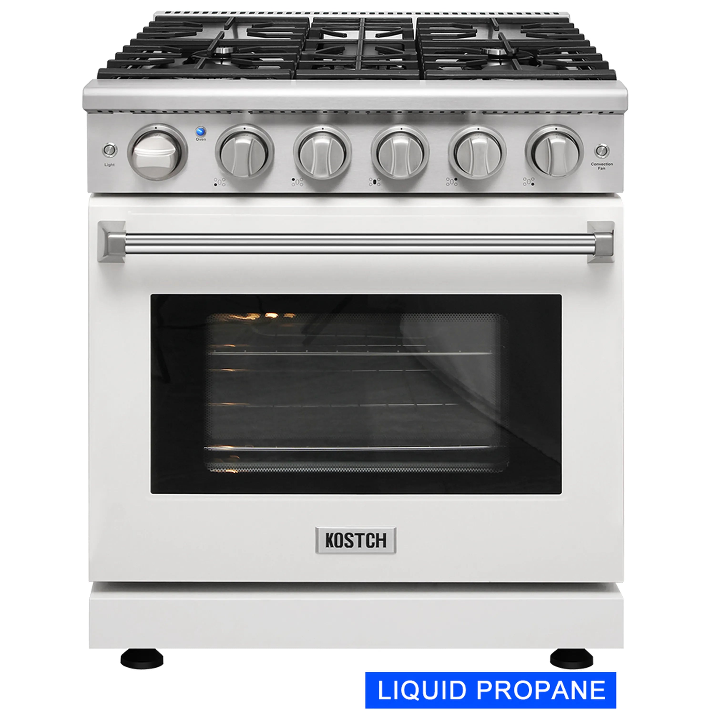 White 30-inch propane gas range with 5 burners and convection oven, front view.