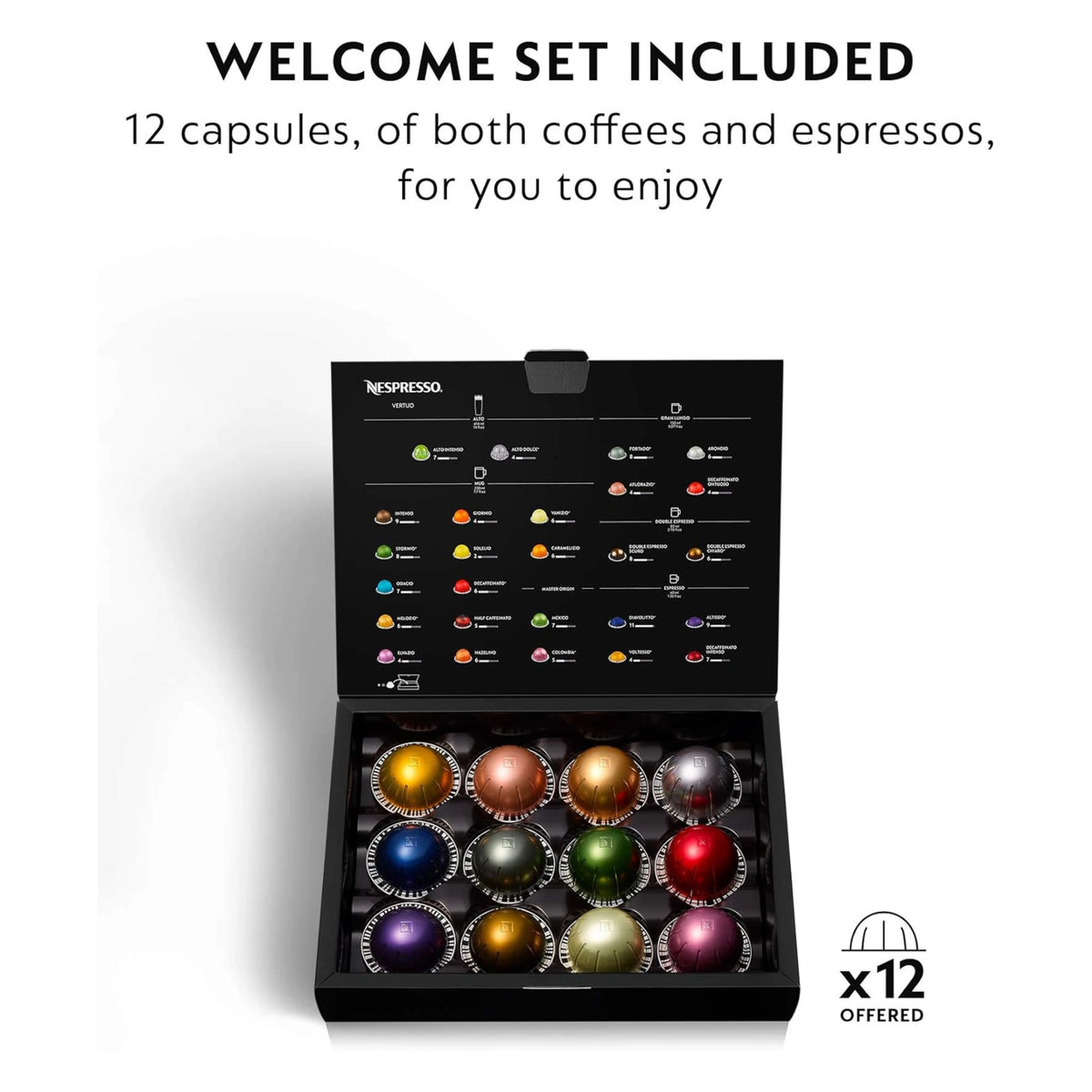 Nespresso VertuoPlus coffee machine welcome set with 12 assorted capsules