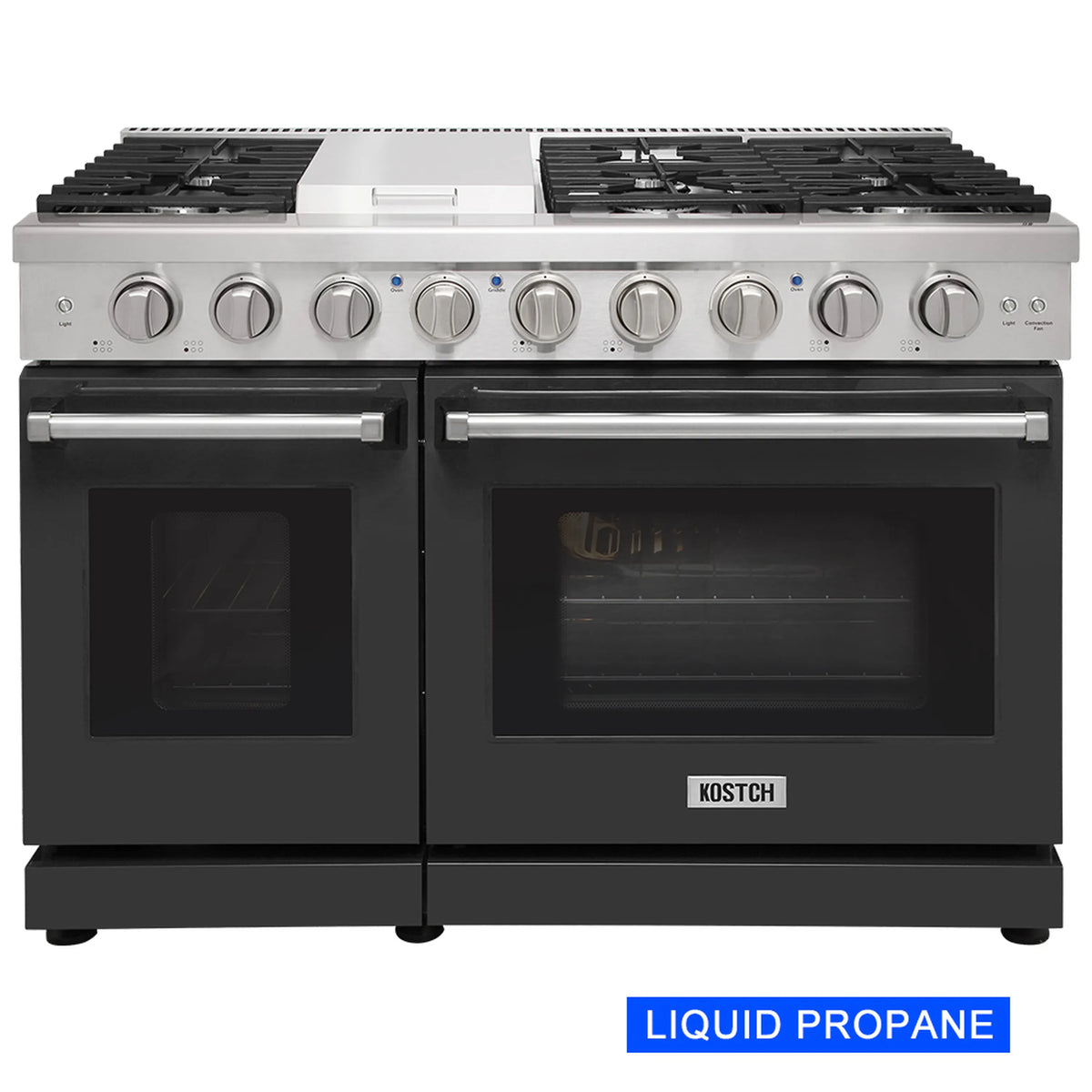 48-inch propane gas range with control knobs and two oven doors, liquid propane label