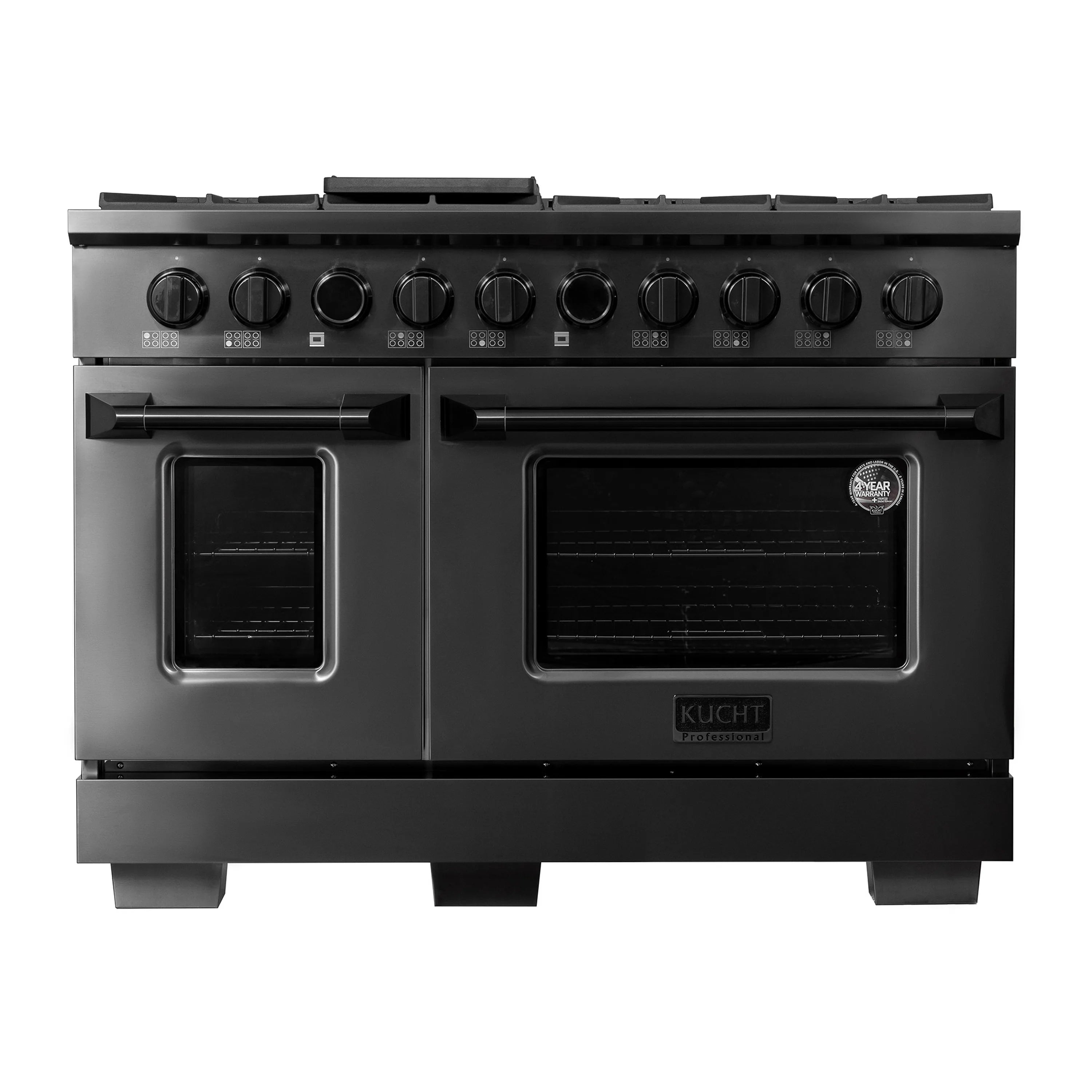 Titanium stainless steel freestanding range front with burner knobs and two oven doors