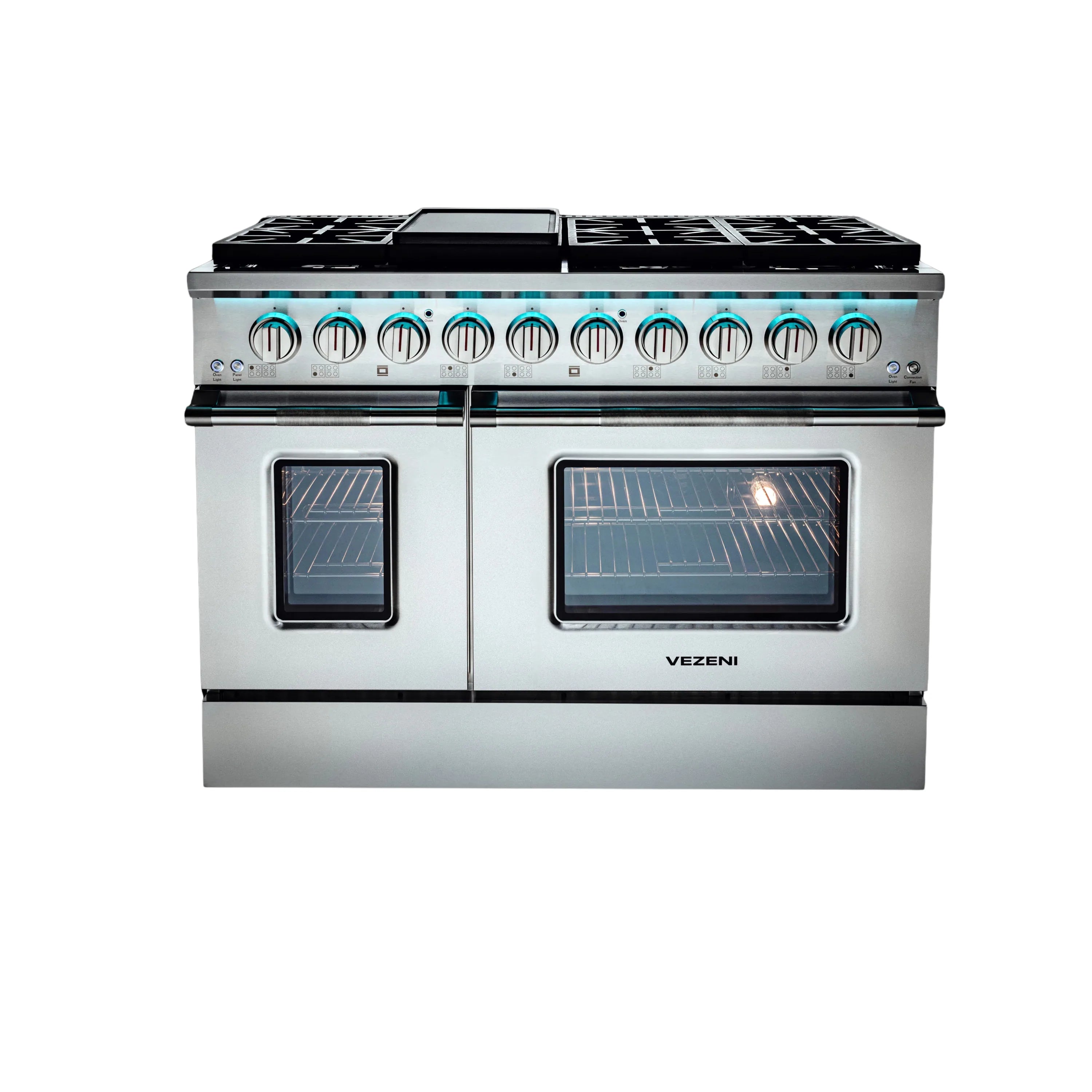 Stainless steel dual fuel range with two oven windows and control knob panel