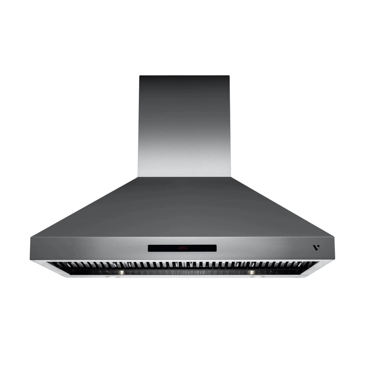 Stainless steel chimney range hood with underside mesh filters and centered control strip