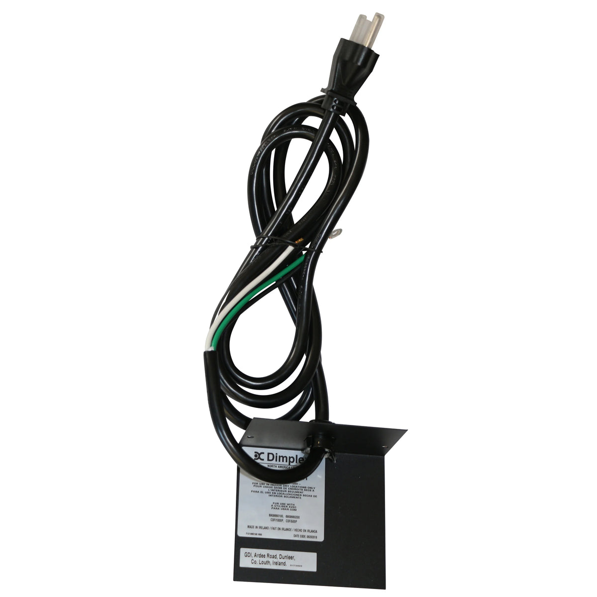 Dimplex Opti-Myst plug kit, coiled black cord with two-pin plug and label panel