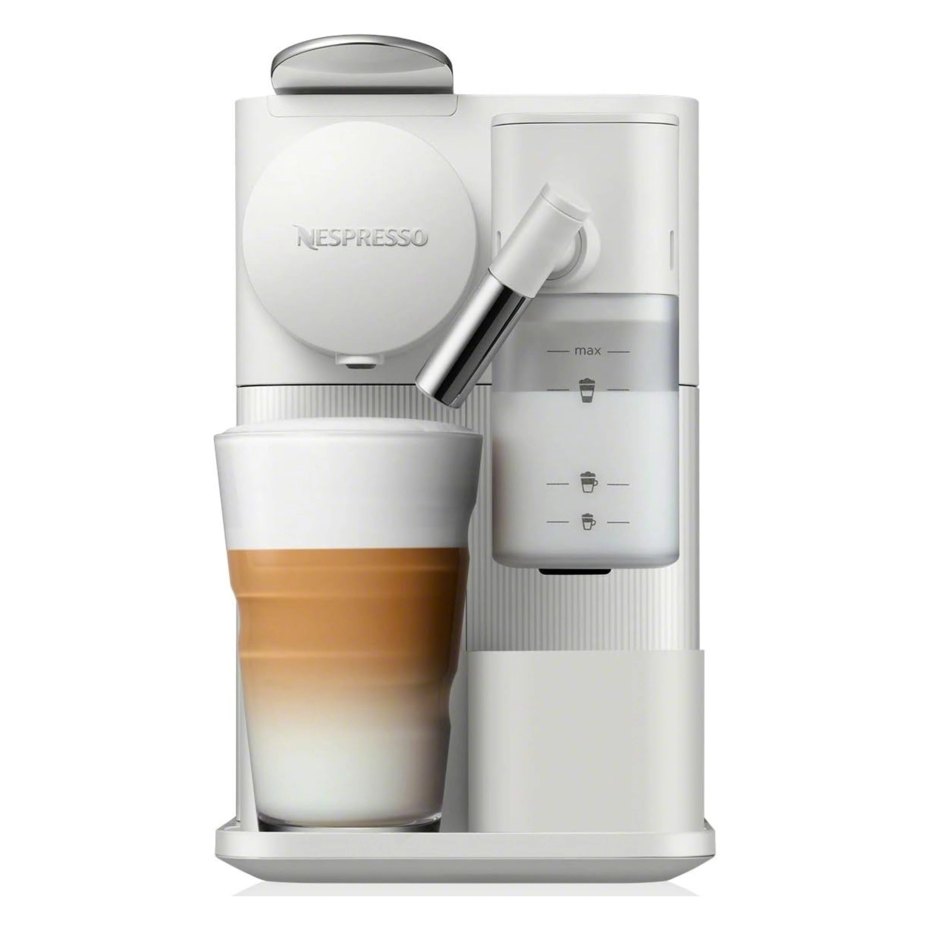 White coffee machine with spout dispensing layered drink into clear cup