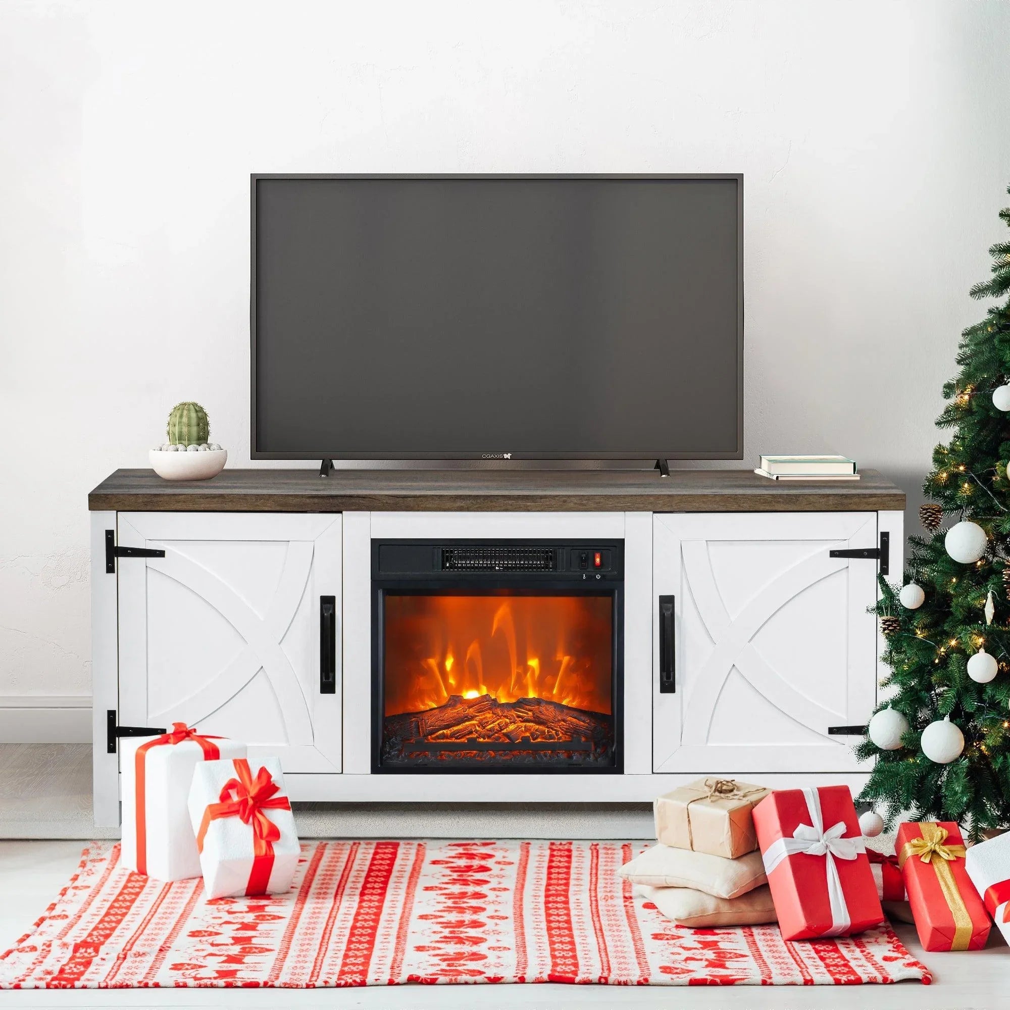 White farmhouse TV stand with built-in electric fireplace, two paneled doors, screen center