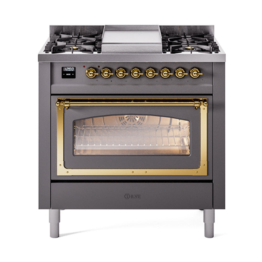 Matte graphite dual fuel range with brass-trimmed triple glass oven door