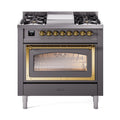 ILVE Nostalgie II Noblesse 36-Inch Natural Gas Dual Fuel Range and Triple Glass Door in Matte Graphite with Brass Trim (UN36FNMPMGG)