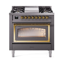 ILVE Nostalgie II Noblesse 36-Inch Natural Gas Dual Fuel Range and Triple Glass Door in Matte Graphite with Brass Trim (UN36FNMPMGG)