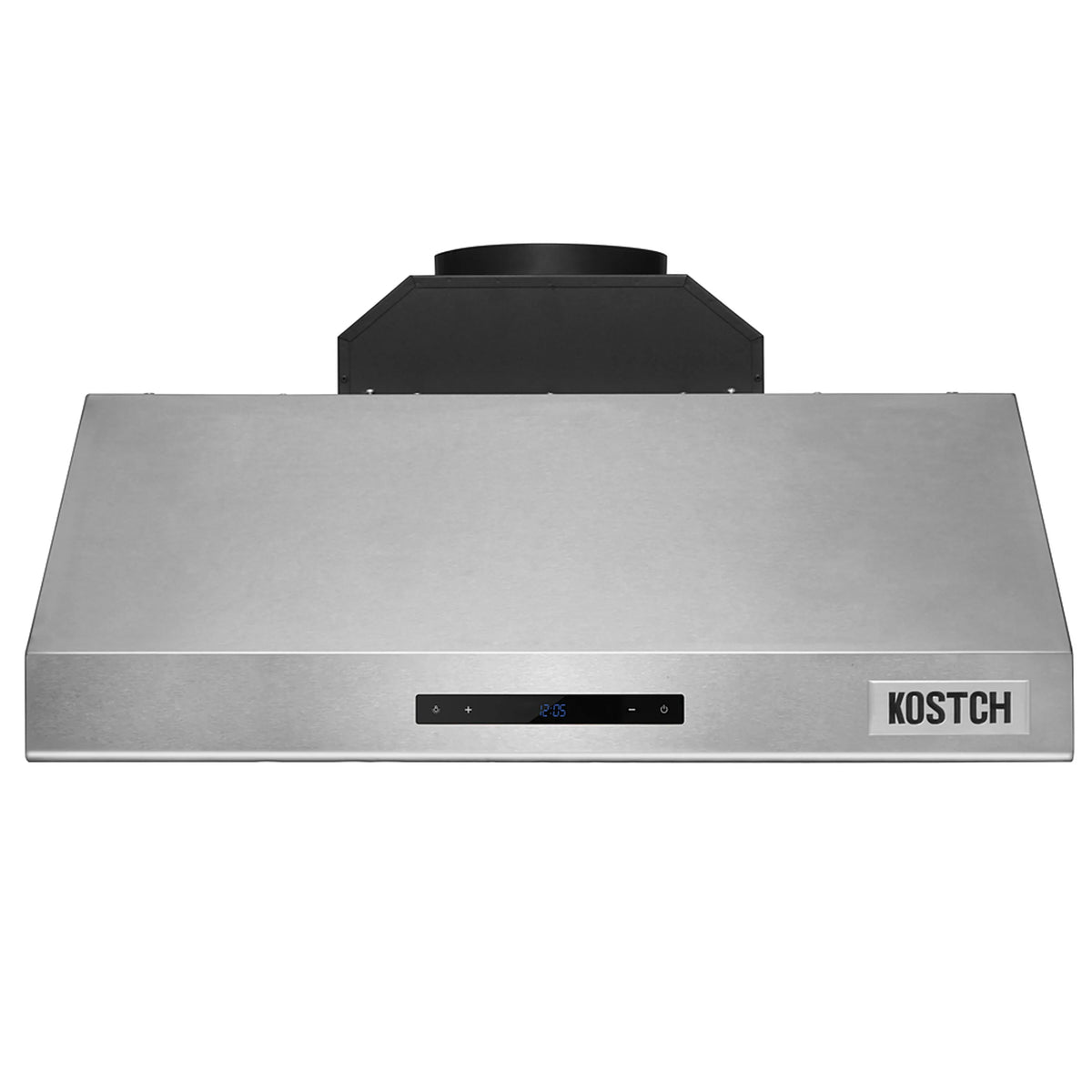 Stainless steel range hood with front control display and KOSTCH logo