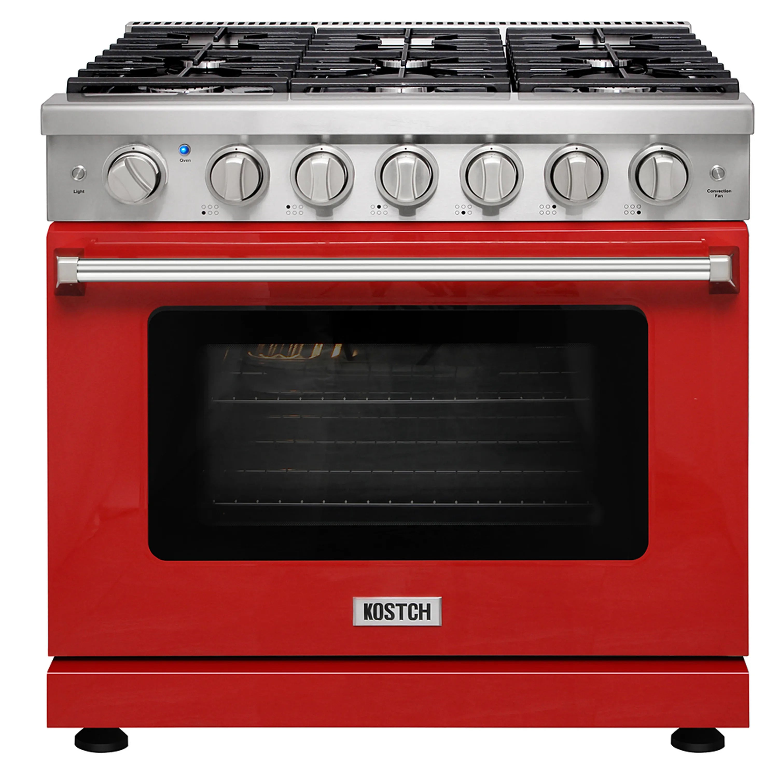 Red propane gas range with black glass oven window and six control knobs