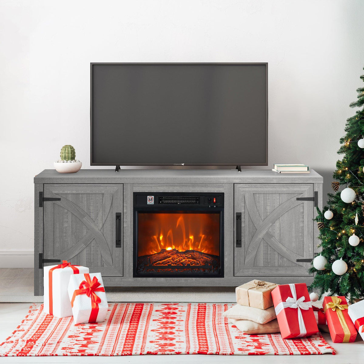 Grey farmhouse TV stand with electric fireplace insert and side cabinet doors
