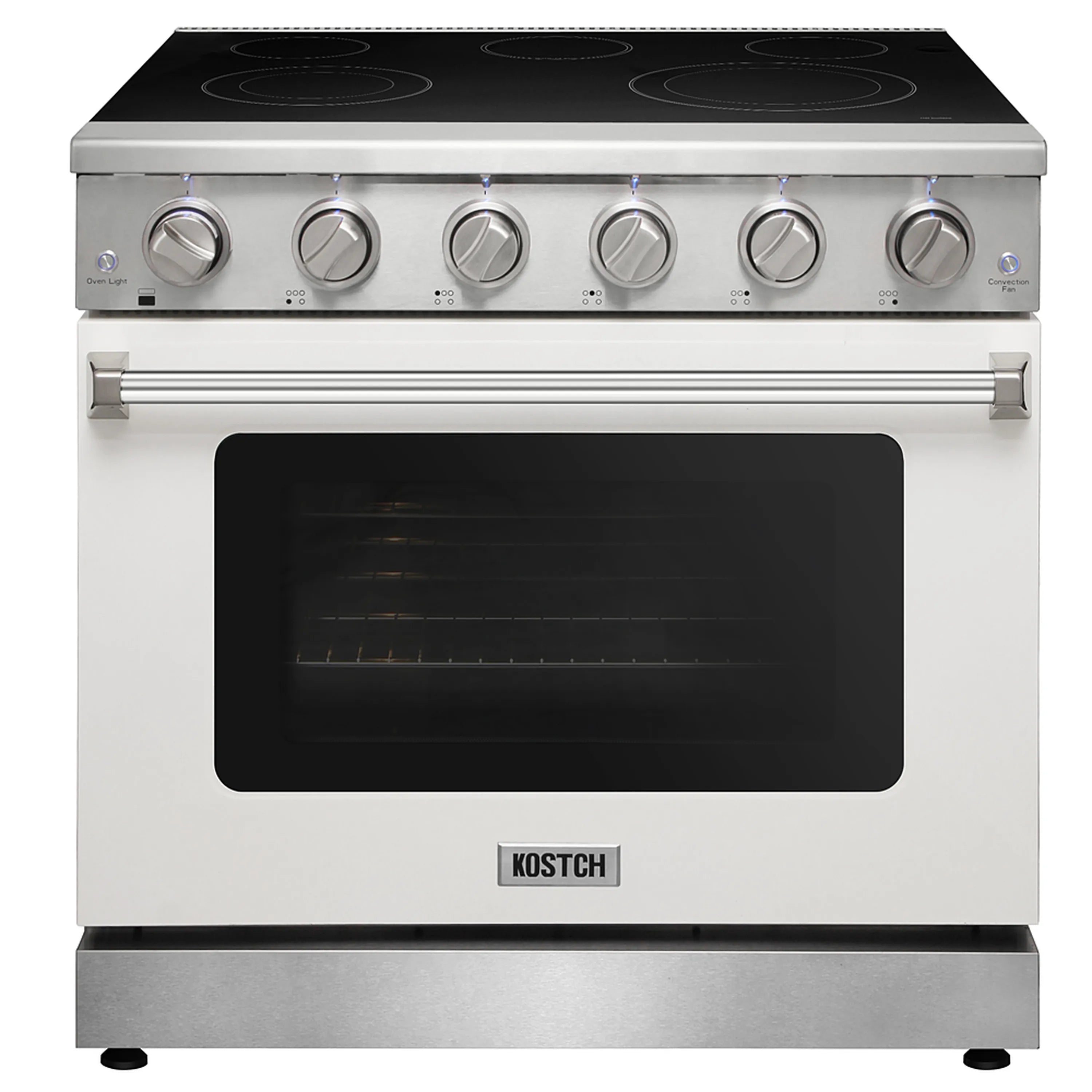 White electric range with black glass cooktop, six knobs, and oven door window
