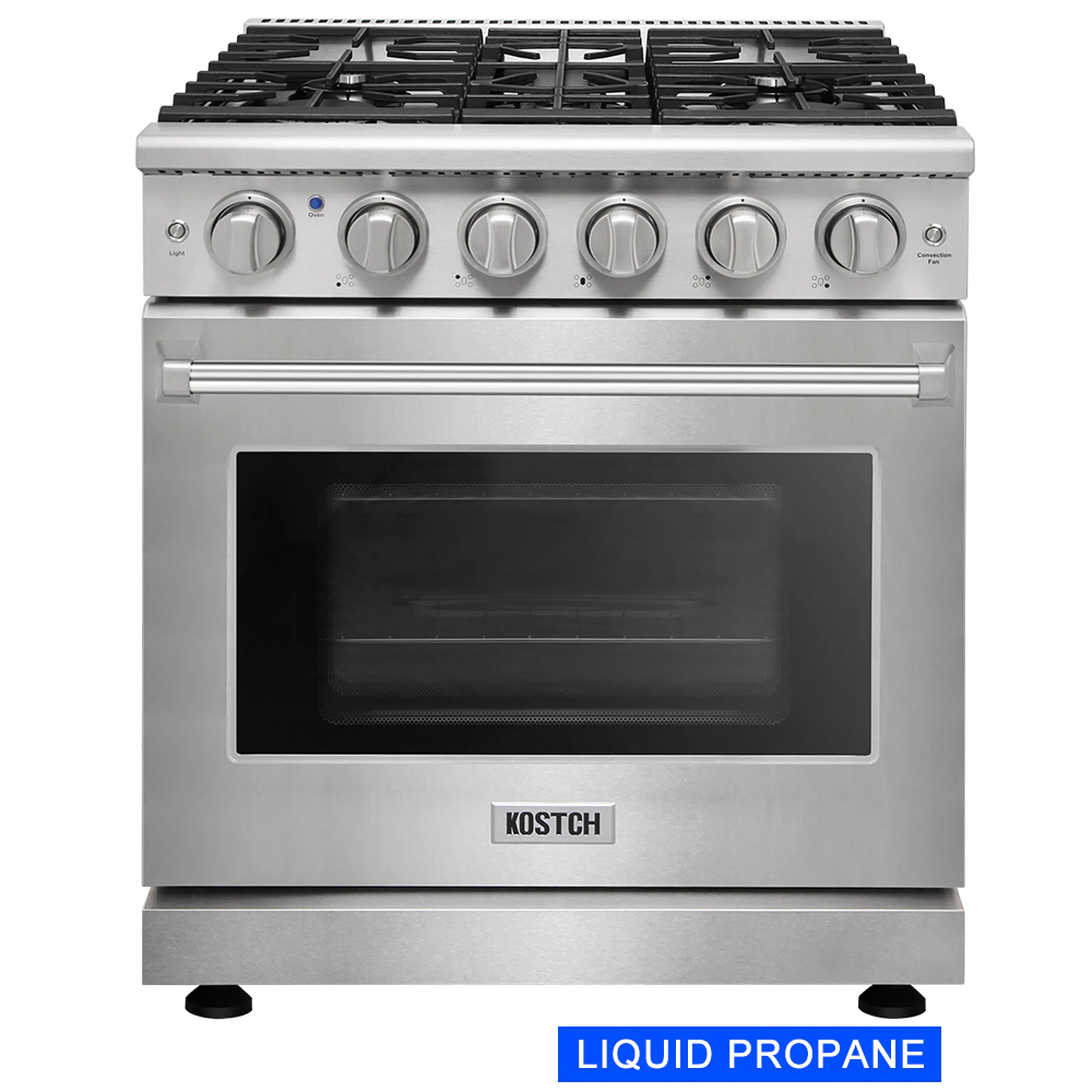 Stainless steel propane gas range with five burners and oven viewing window