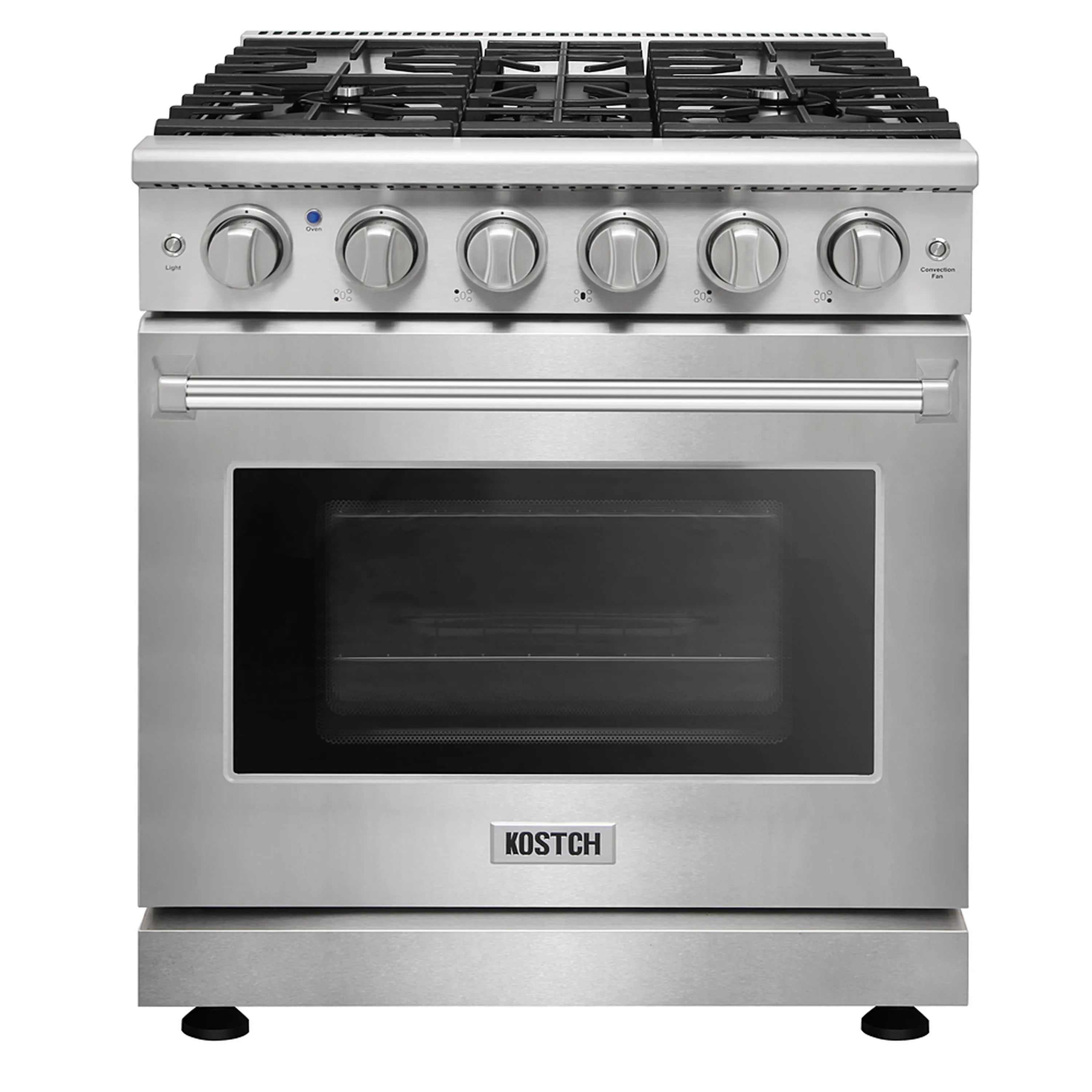Stainless gas range with 5-burner cooktop and dark oven window