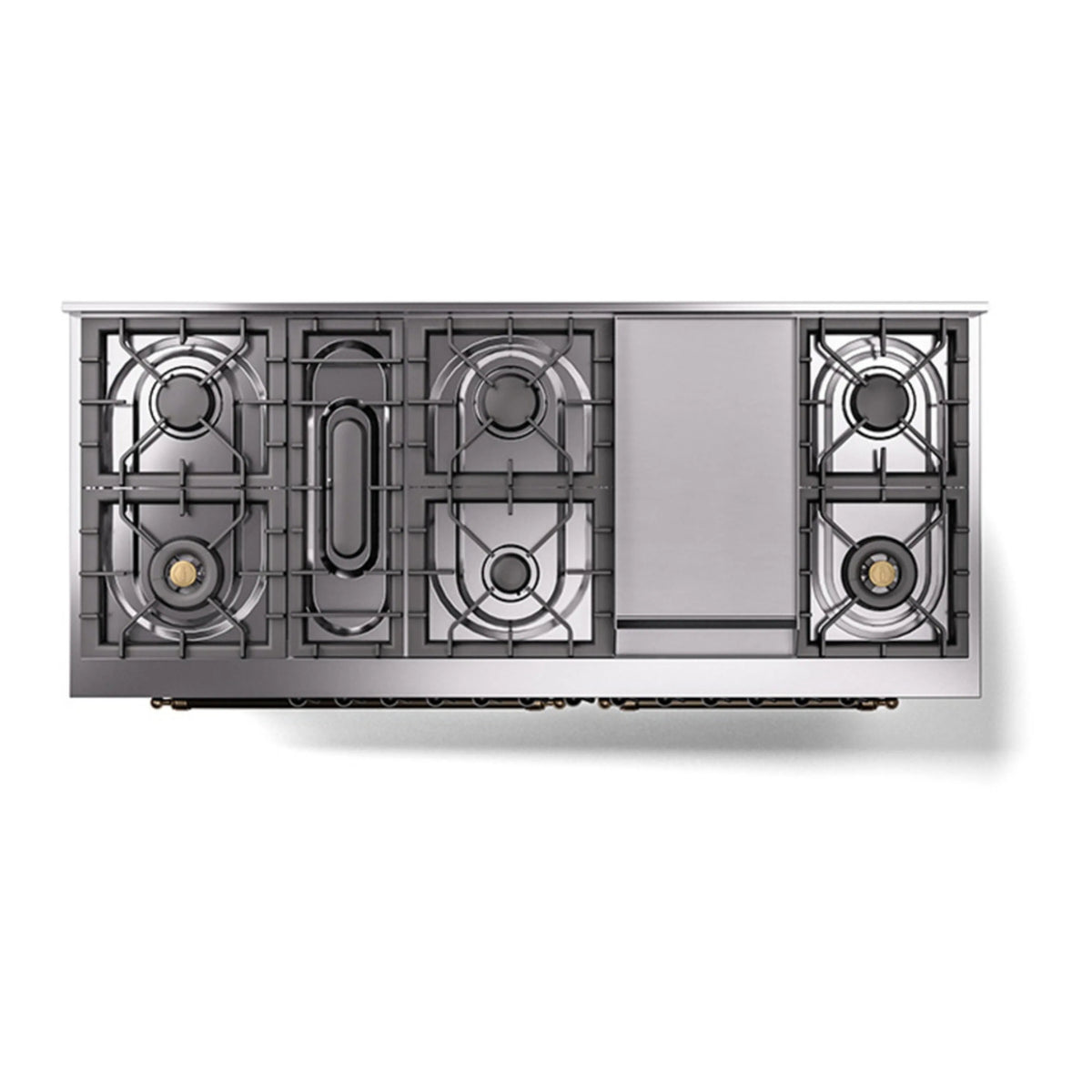 Midnight blue cooktop base with four burner grates and center section cover