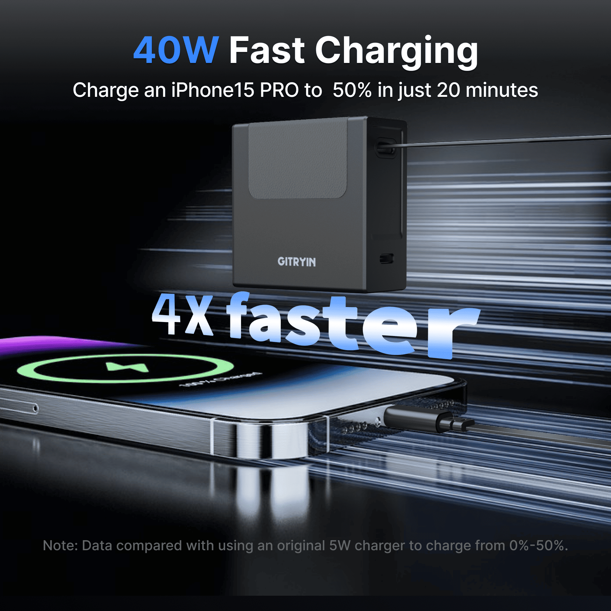 Gray/black 40W fast charging GaN power adapter with retractable cable