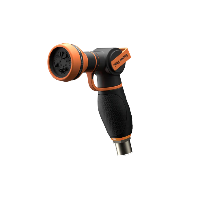Garden hose nozzle with orange and black handle, multi-pattern spray head