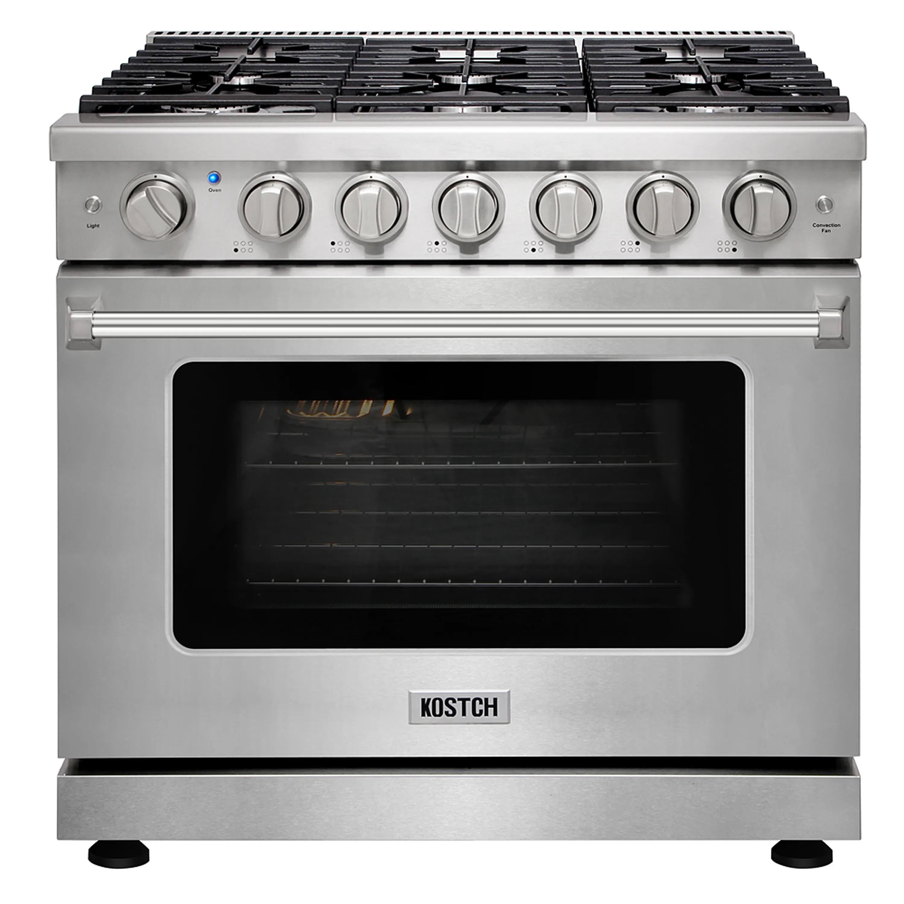 Stainless steel front view of a propane gas range with 6 burner knobs and oven window