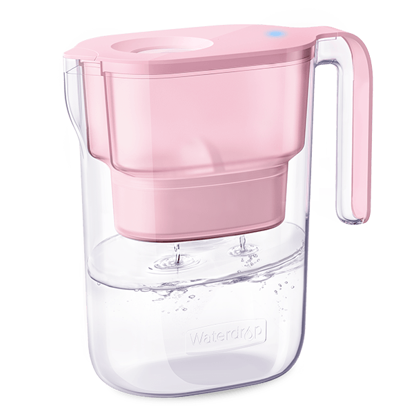 Pink water filter pitcher with hinged flip-top lid and built-in spout