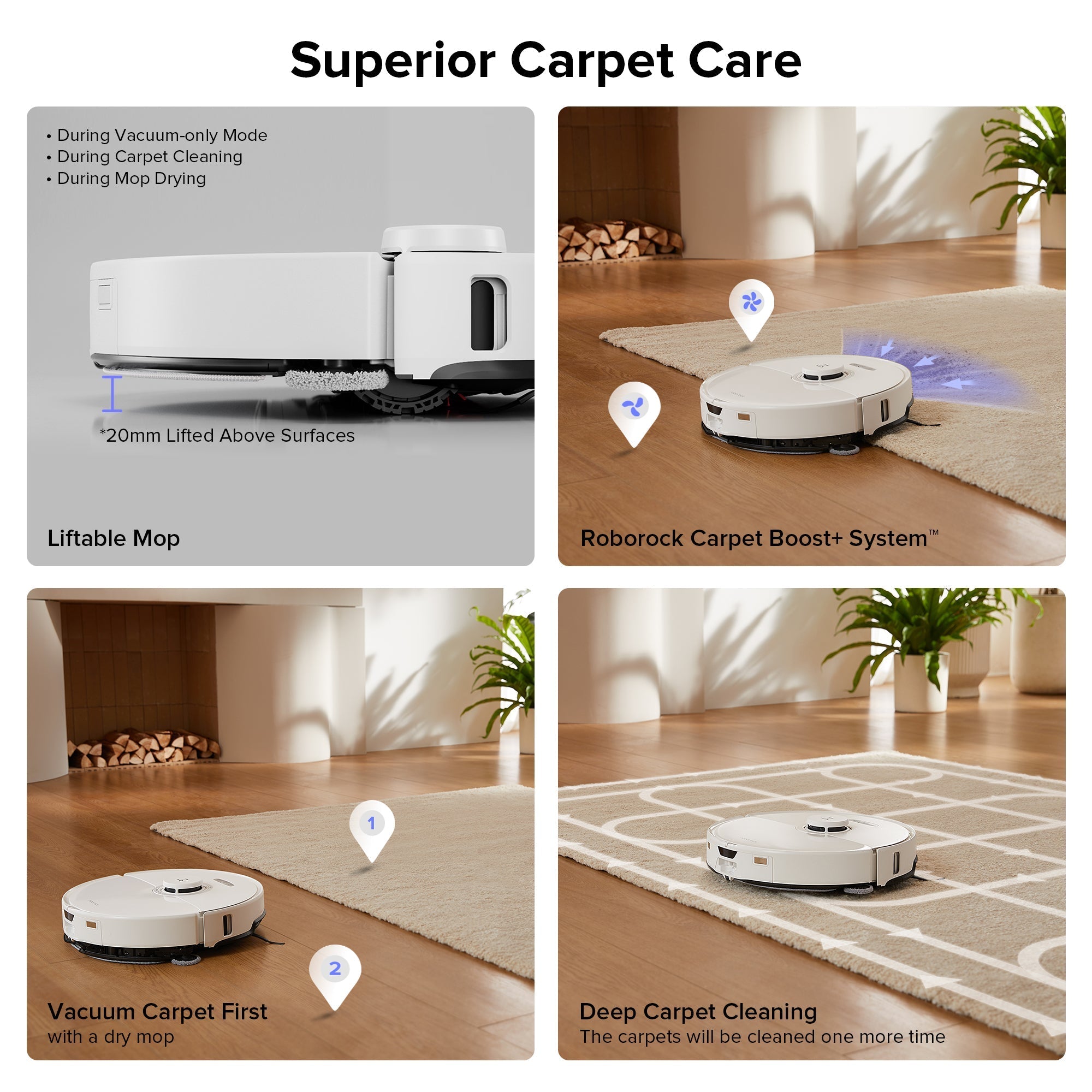 Roborock robot vacuum on carpet with mop attachment for carpet cleaning