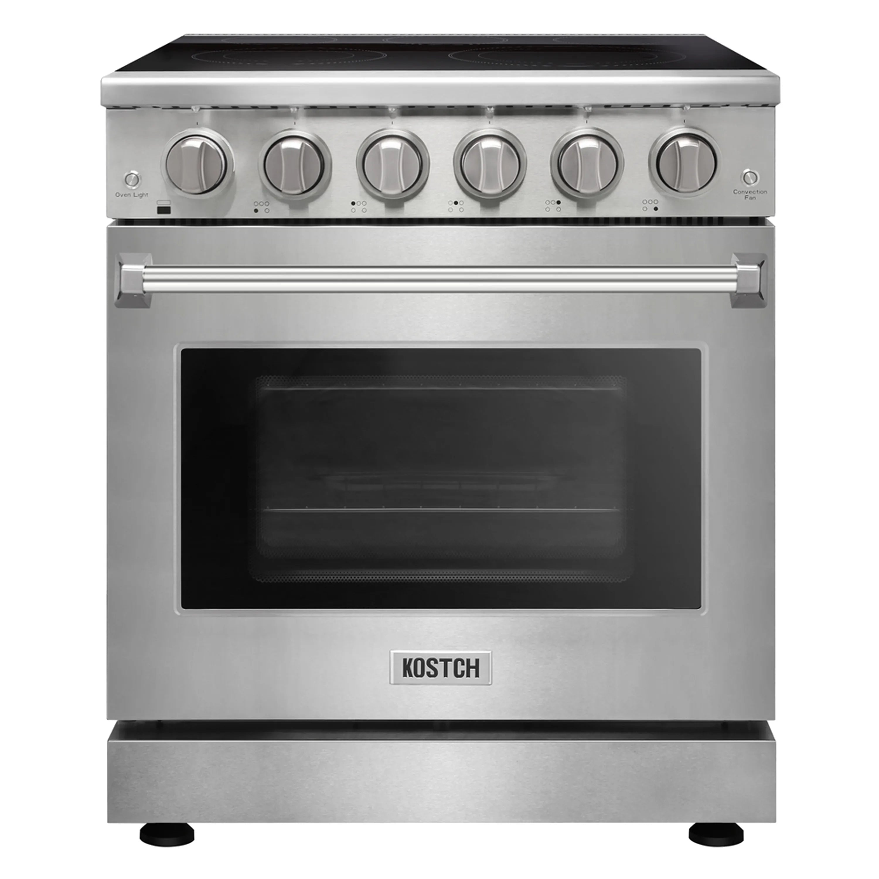 Stainless electric range with black glass cooktop, front oven window, and control knobs