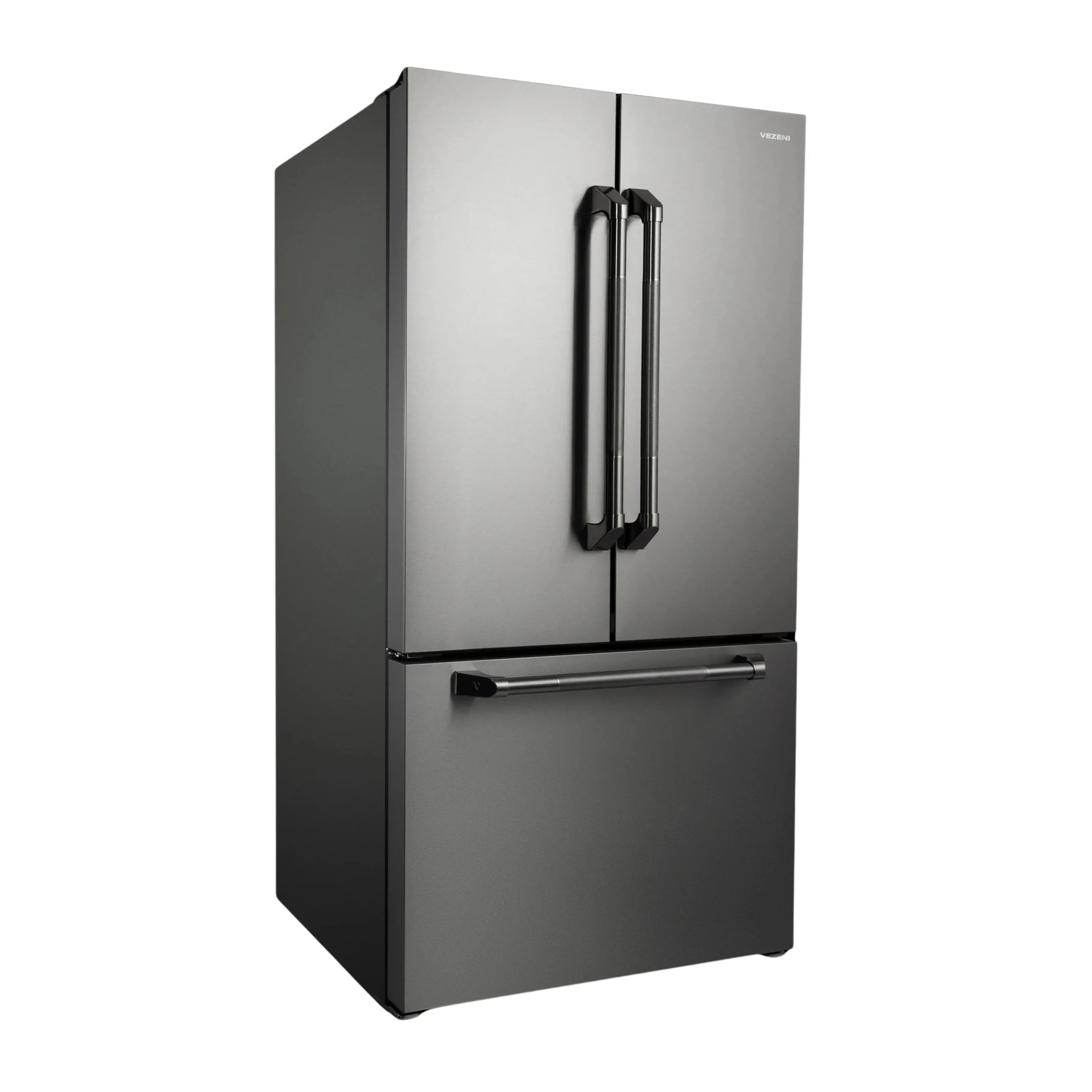 Stainless steel French-door refrigerator with double handles and top freezer