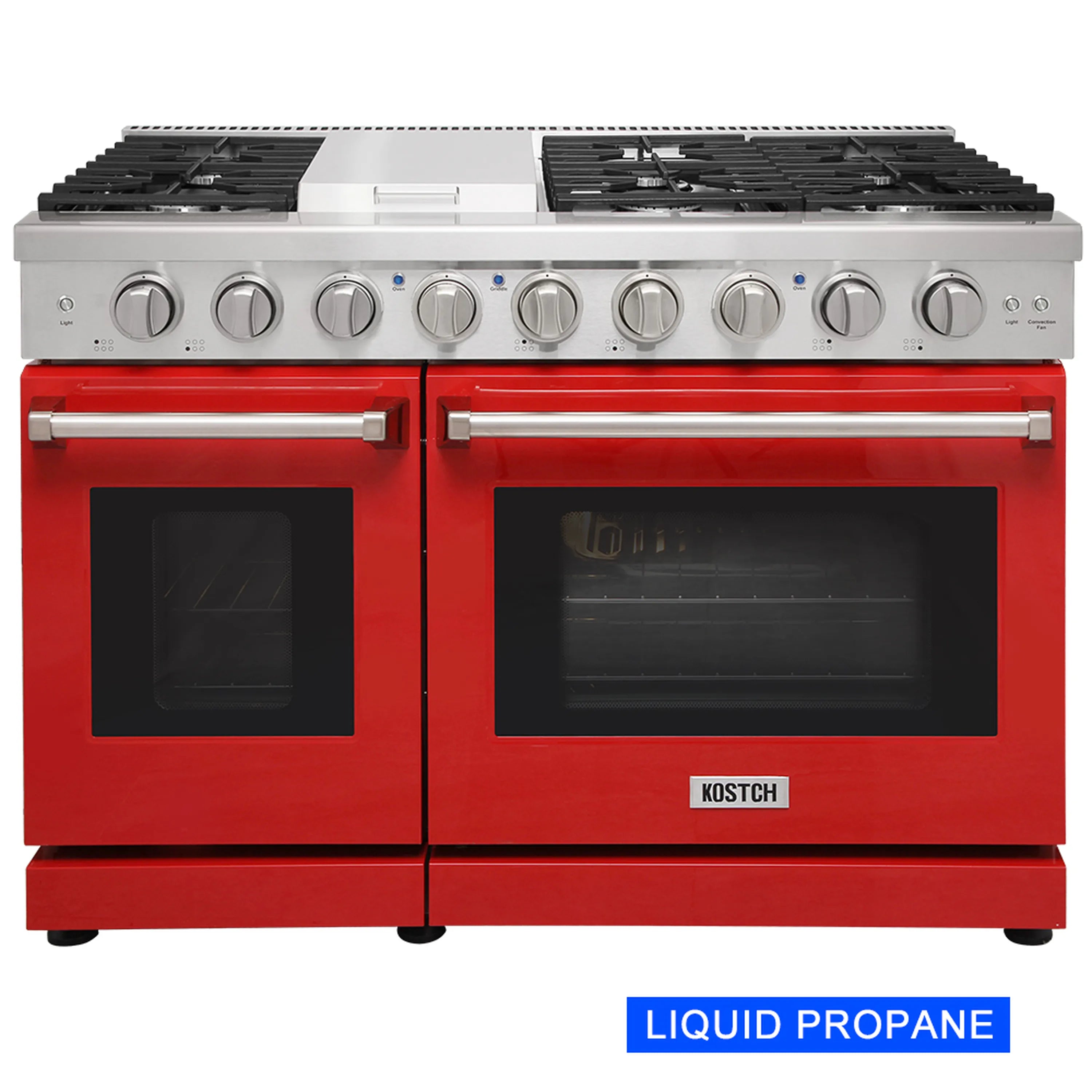 Red gas range with stainless knobs and oven windows, Liquid Propane label