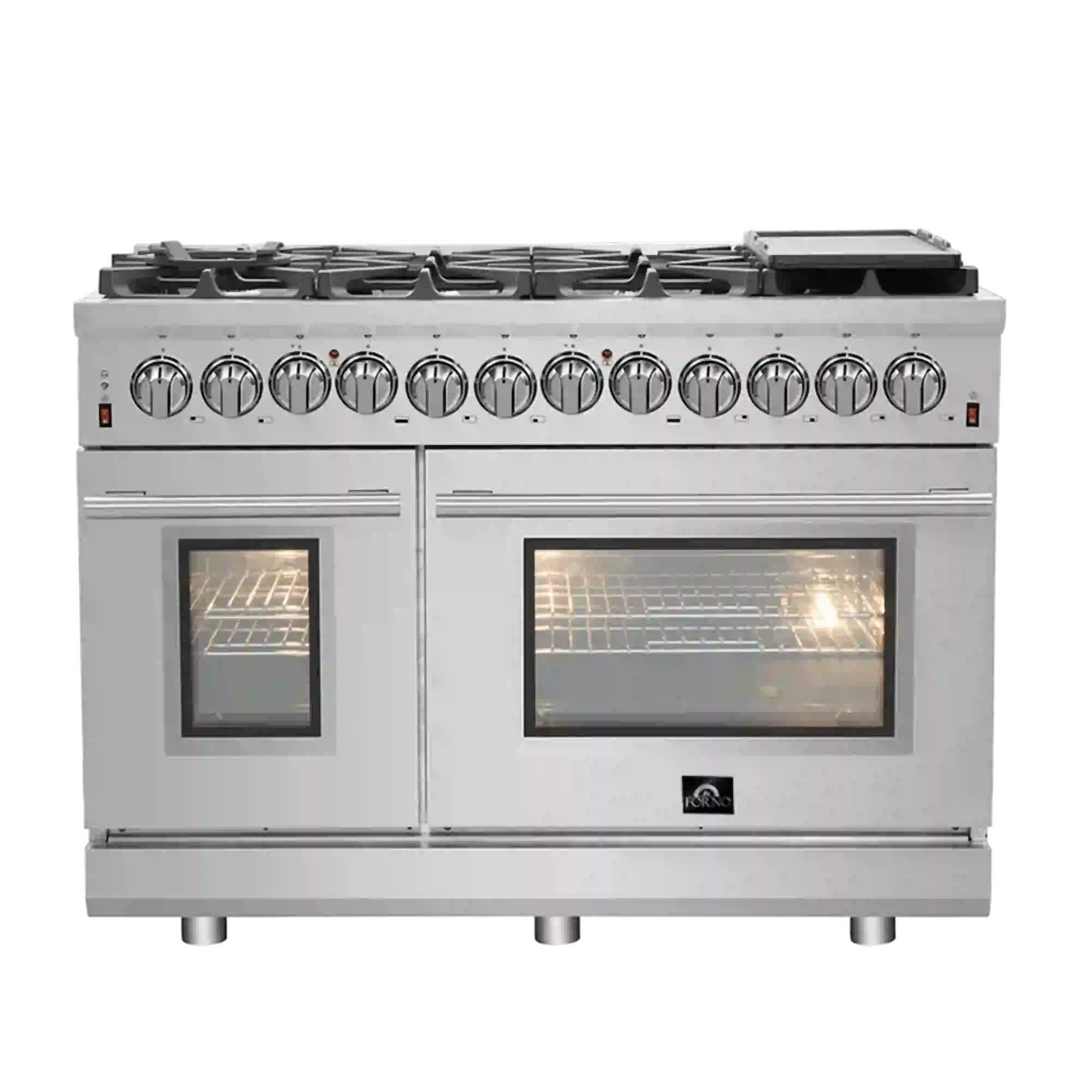 Stainless steel freestanding dual fuel range with control knobs and two oven doors