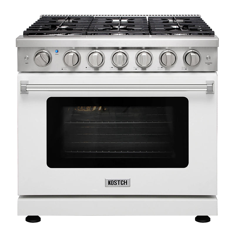 Kostch 36-Inch Propane Gas Range with 6 Burners & 6.0 Cu. Ft. Convection Oven in White (KOS-36RG03MLP-W)