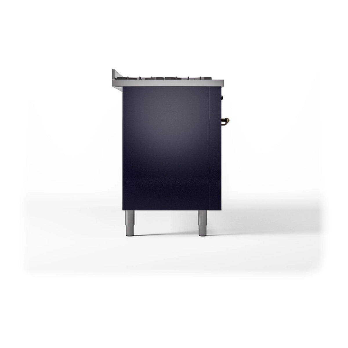 Midnight blue side panel of dual fuel range with bronze handle details and legs