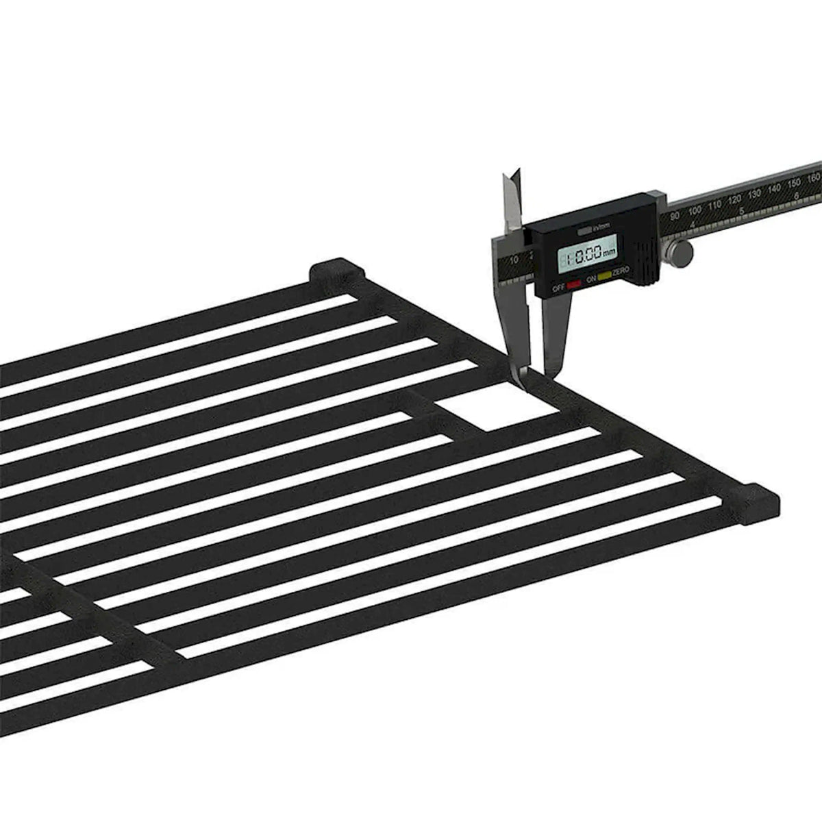 Cast iron grill grate insert with parallel slats and measuring caliper