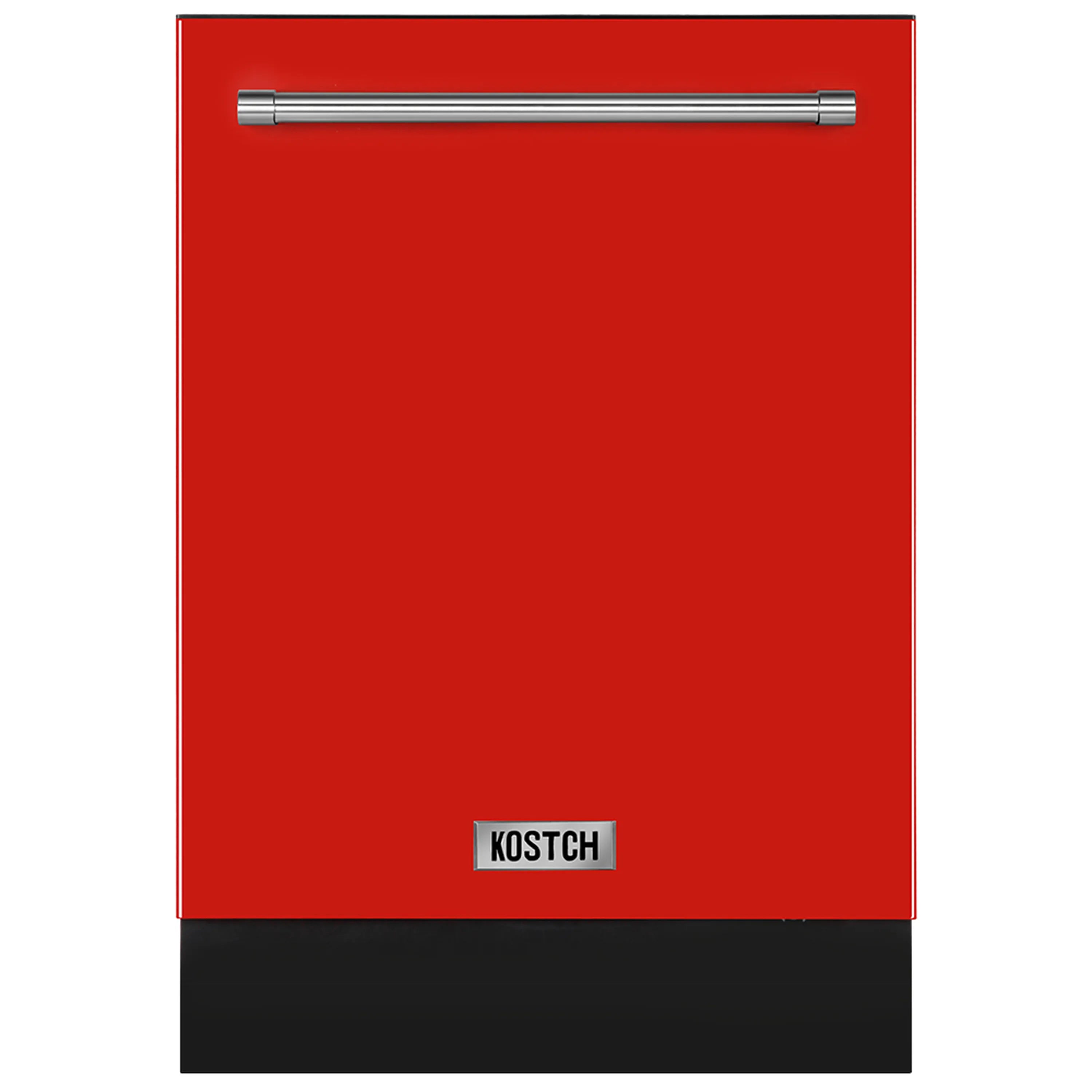 Red 24-inch top control dishwasher with stainless handle and KOSTCH logo