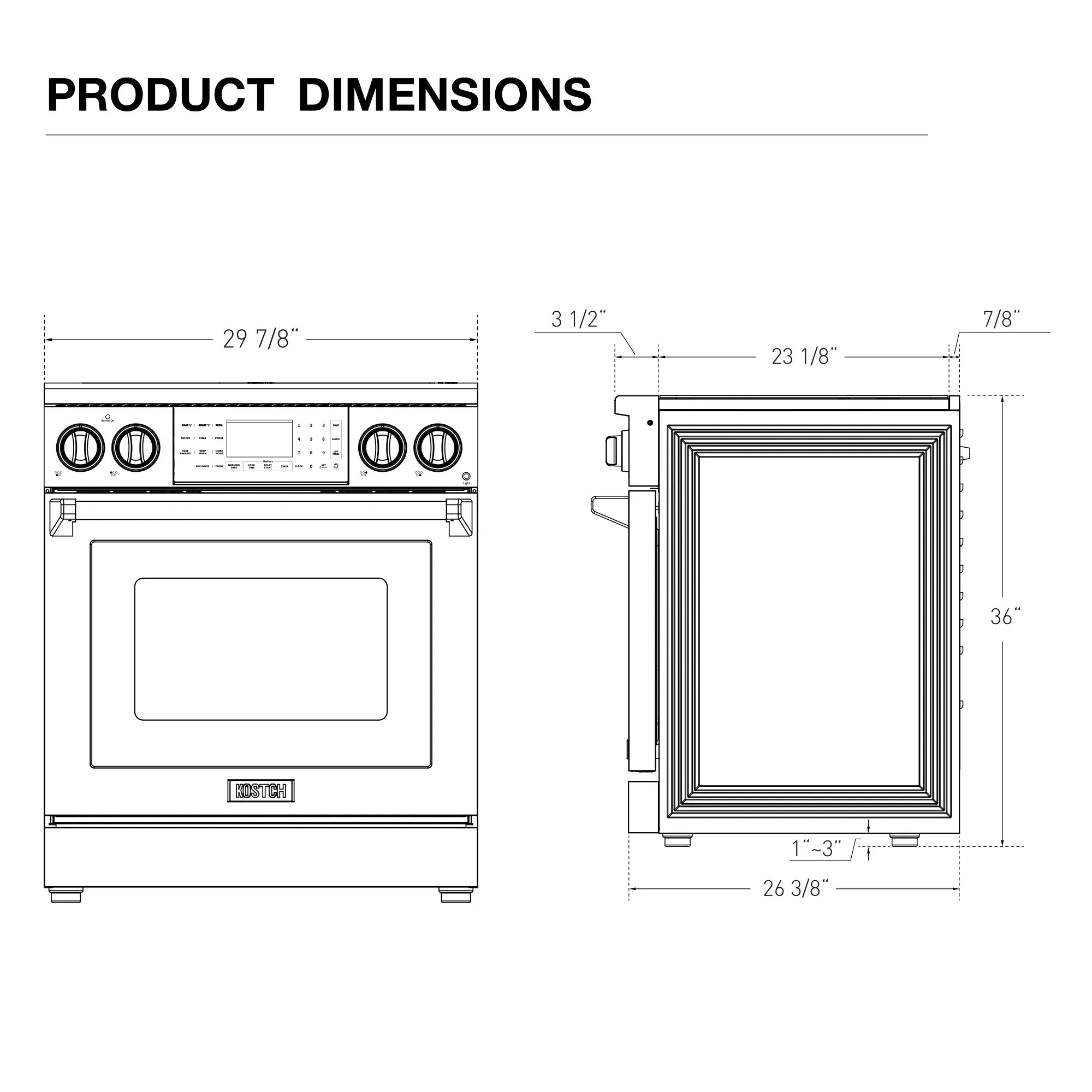 Electric range product dimensions diagram with front and side measurement lines