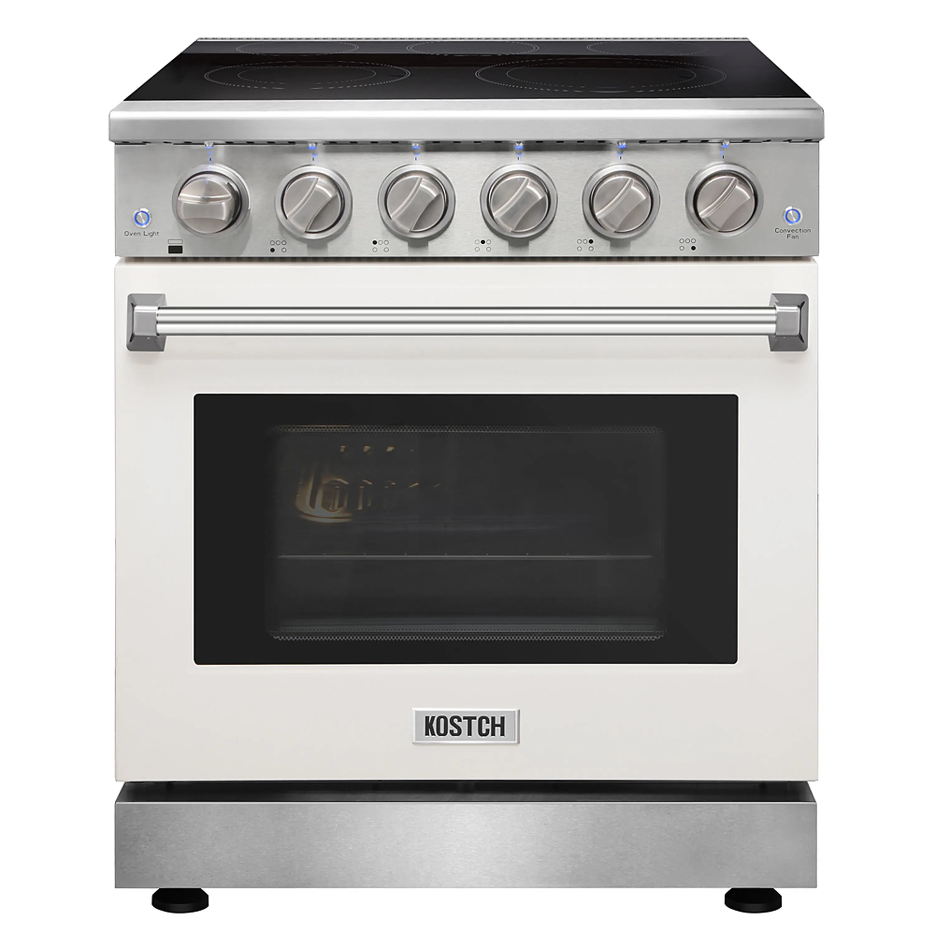 White electric range with black glass cooktop, five burners, and convection oven door window.