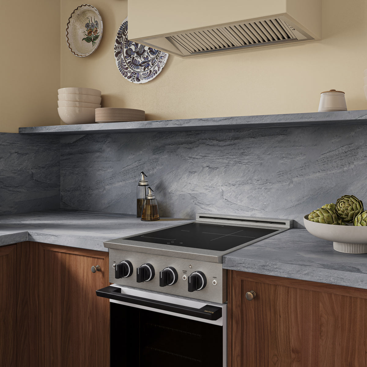 ZLINE Autograph 24-Inch Marino Induction Range in Satin Stainless Steel with White Matte and Matte Black (MINRSZ-WM-24-MB) - kitchen lifestyle view