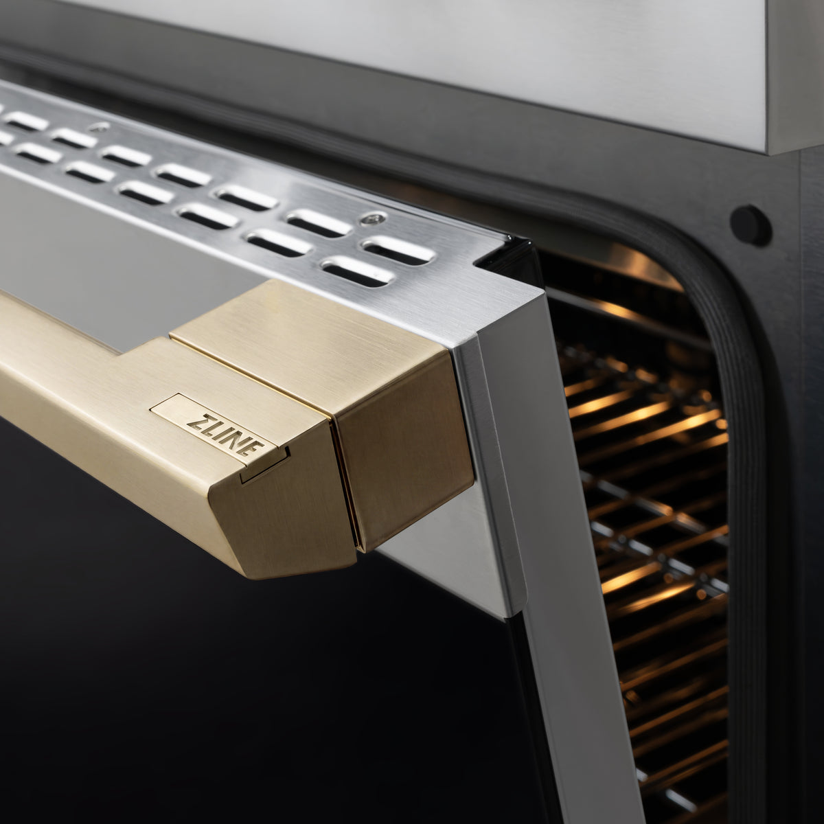 ZLINE Autograph 36-Inch Marino Gas Range with DuoPro Cooktop in Stainless Steel with Champagne Bronze (PMGRZ-36-CB) - handle detail