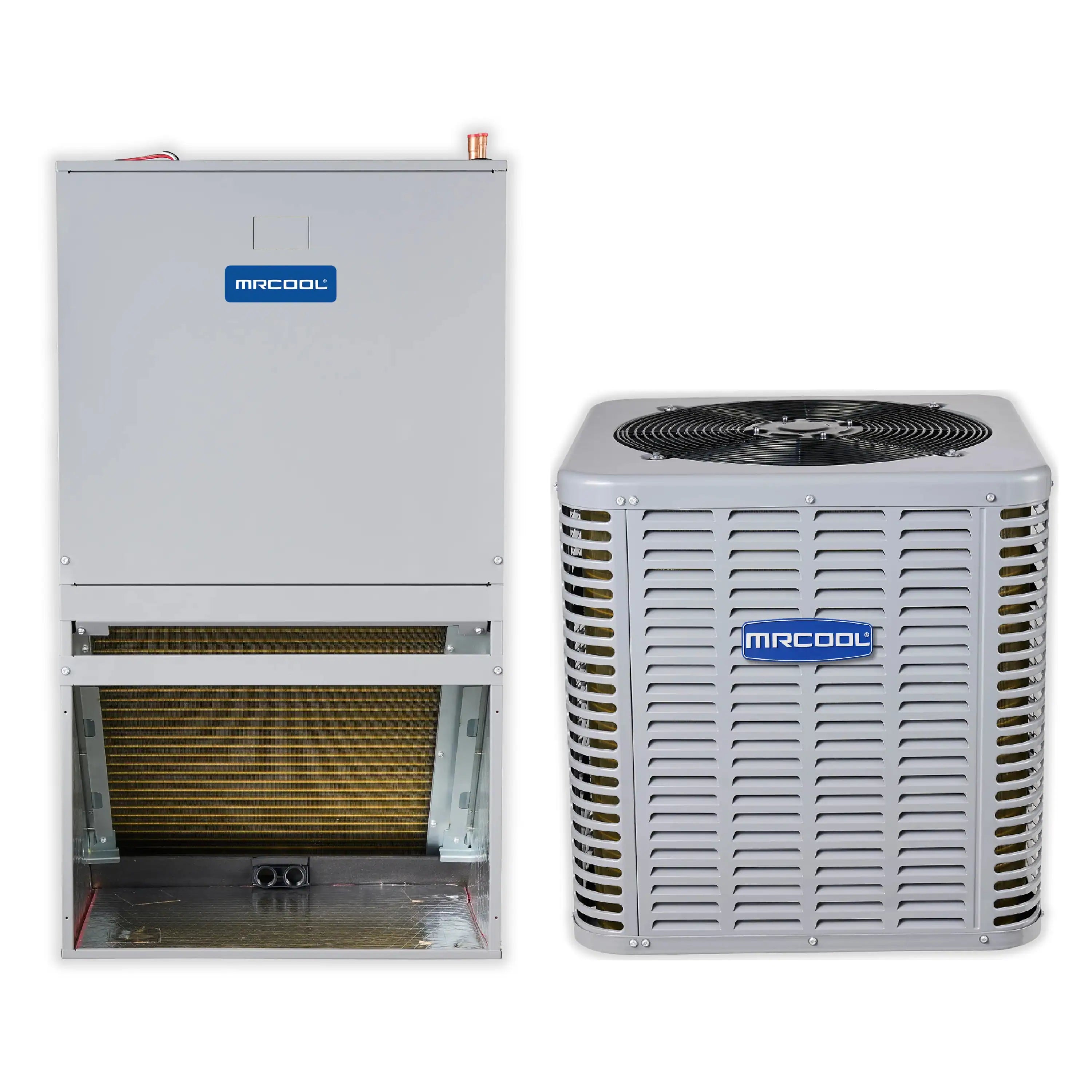 MRCOOL heat pump condenser and air handler, gray outdoor cabinet with open service panel