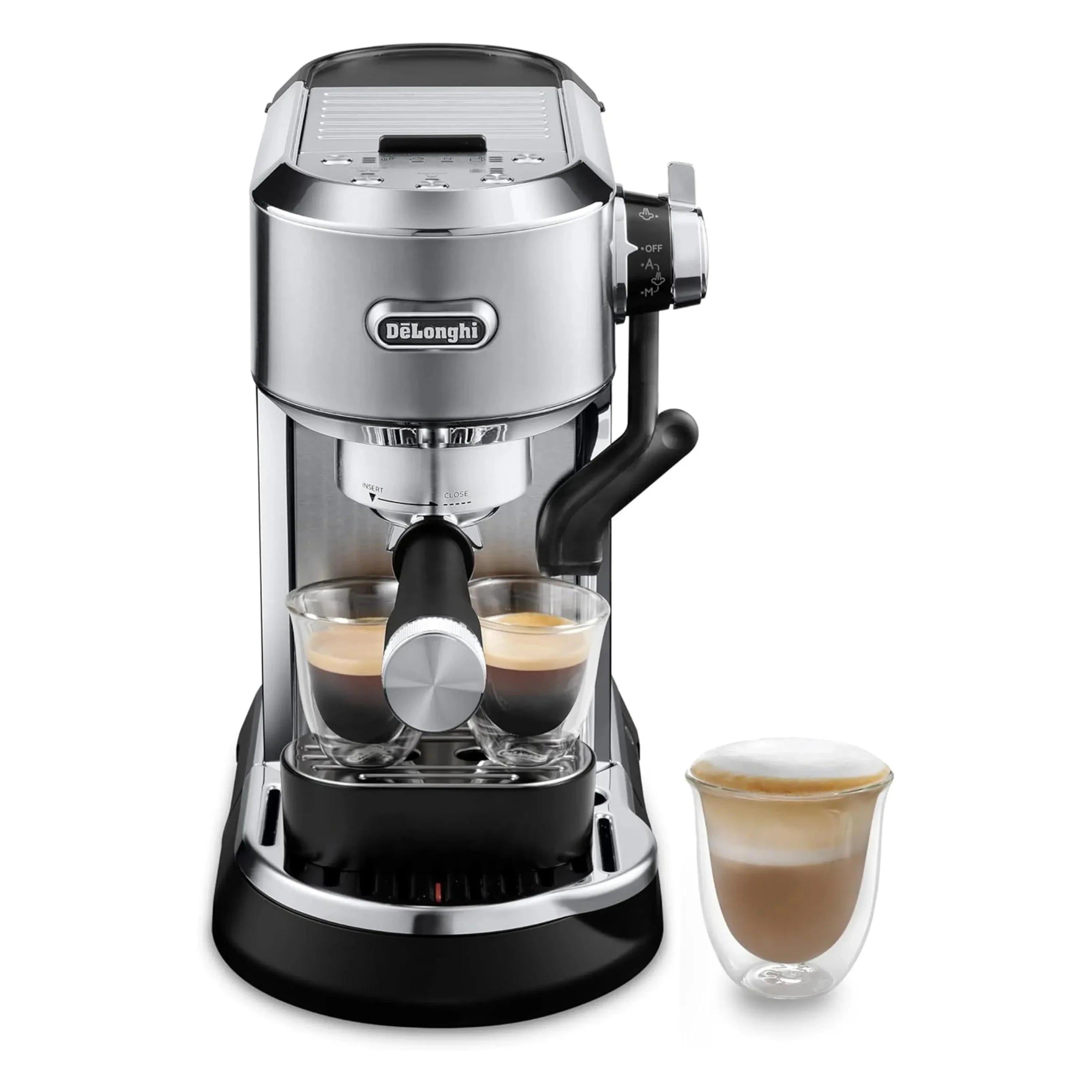 Stainless espresso machine pouring drinks into two glass cups