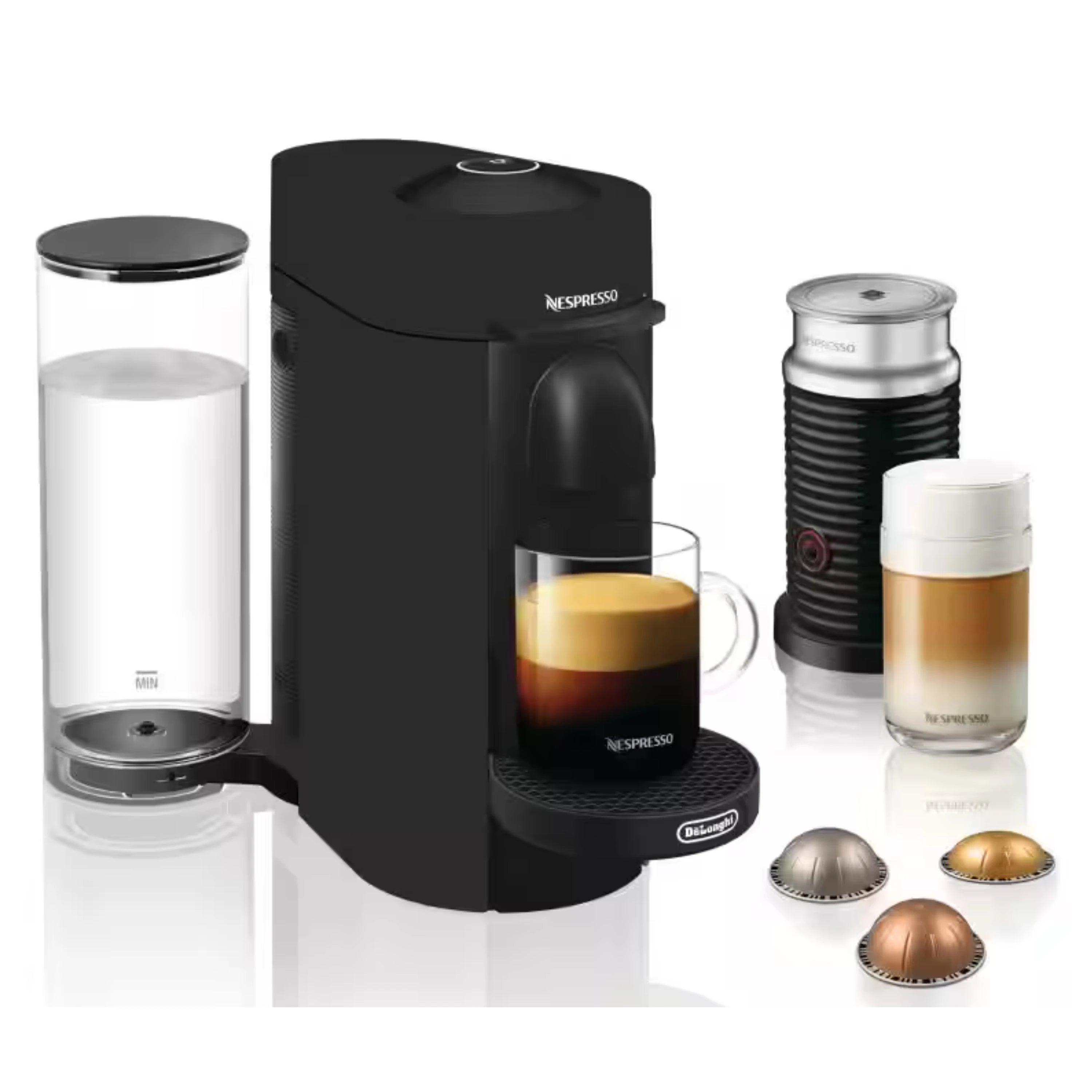 Black single-serve coffee machine with Aeroccino milk frother and capsule pods