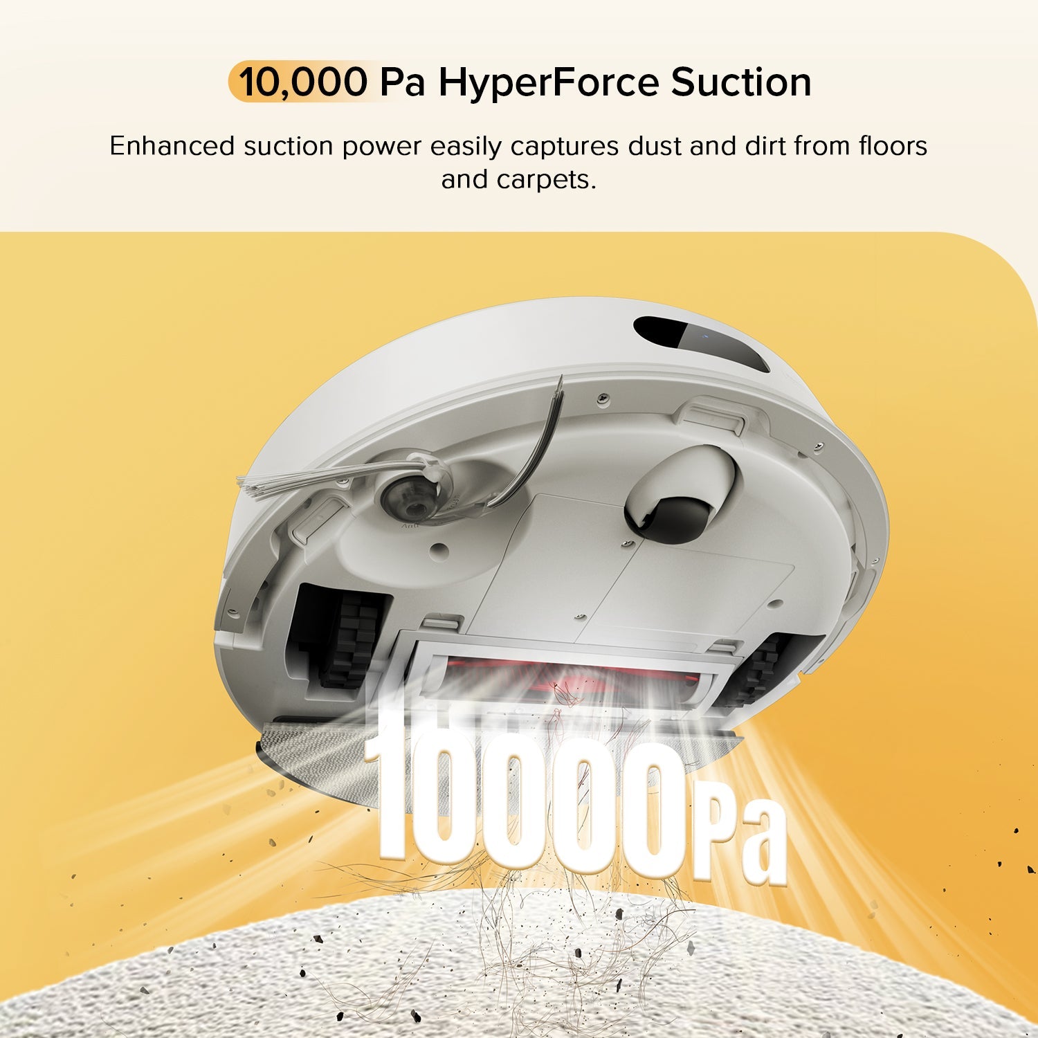 White robot vacuum and mop underside with brush bar and bright suction airflow