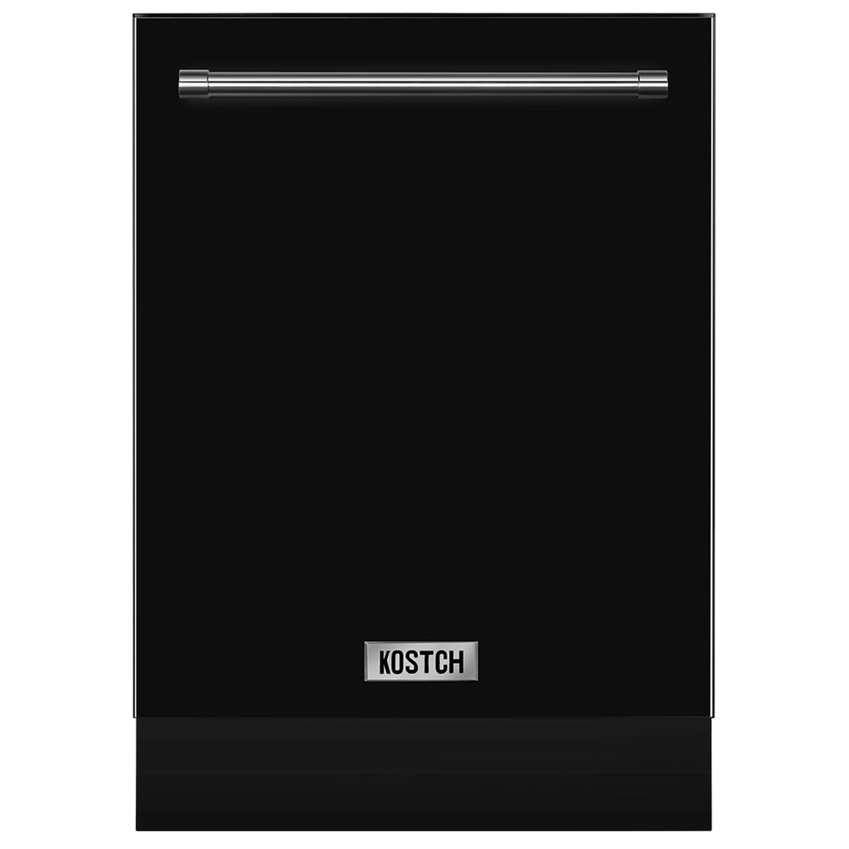 Black built-in dishwasher front door with chrome handle and KOSTCH logo