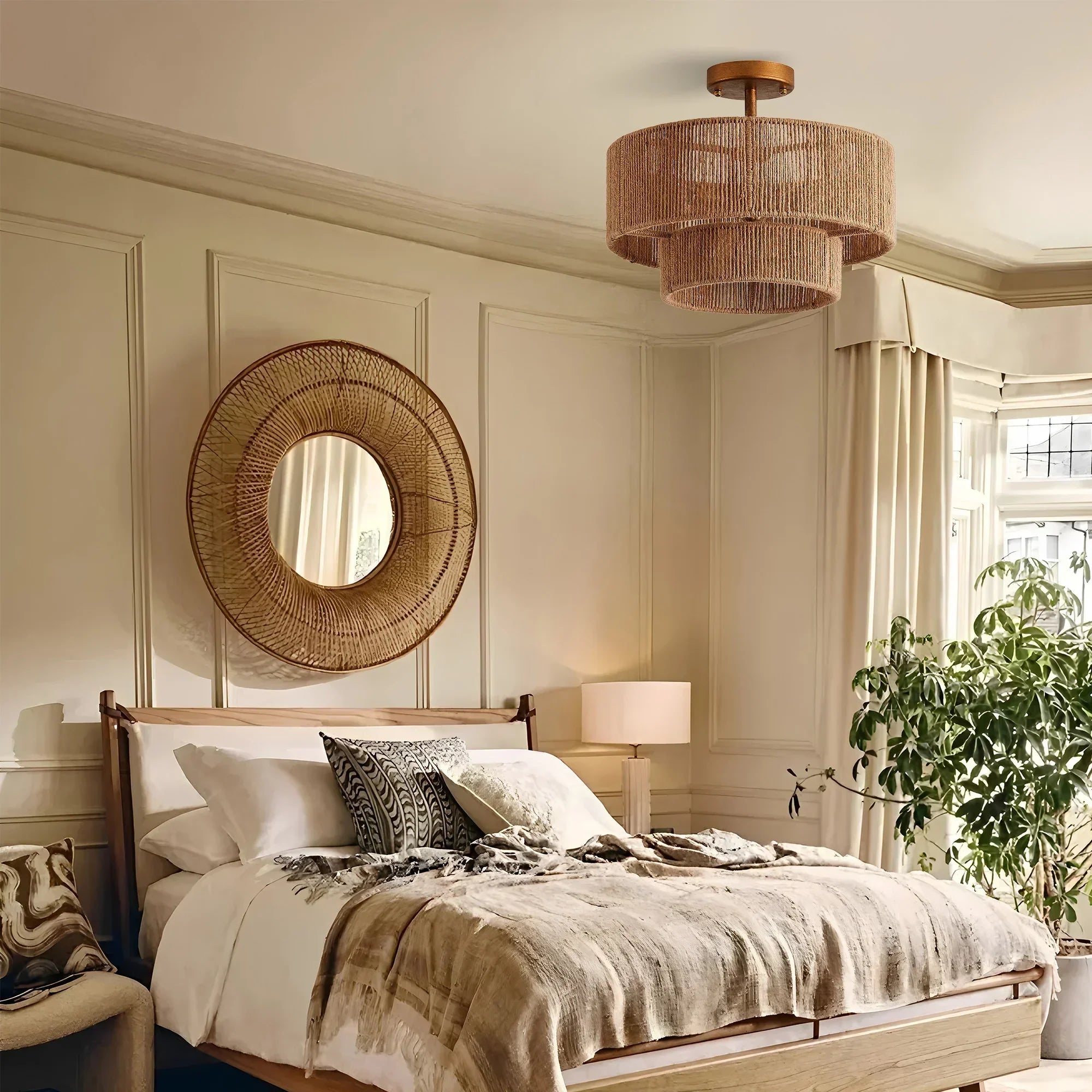Golden 3-light flush mount ceiling light with woven fabric drum shades