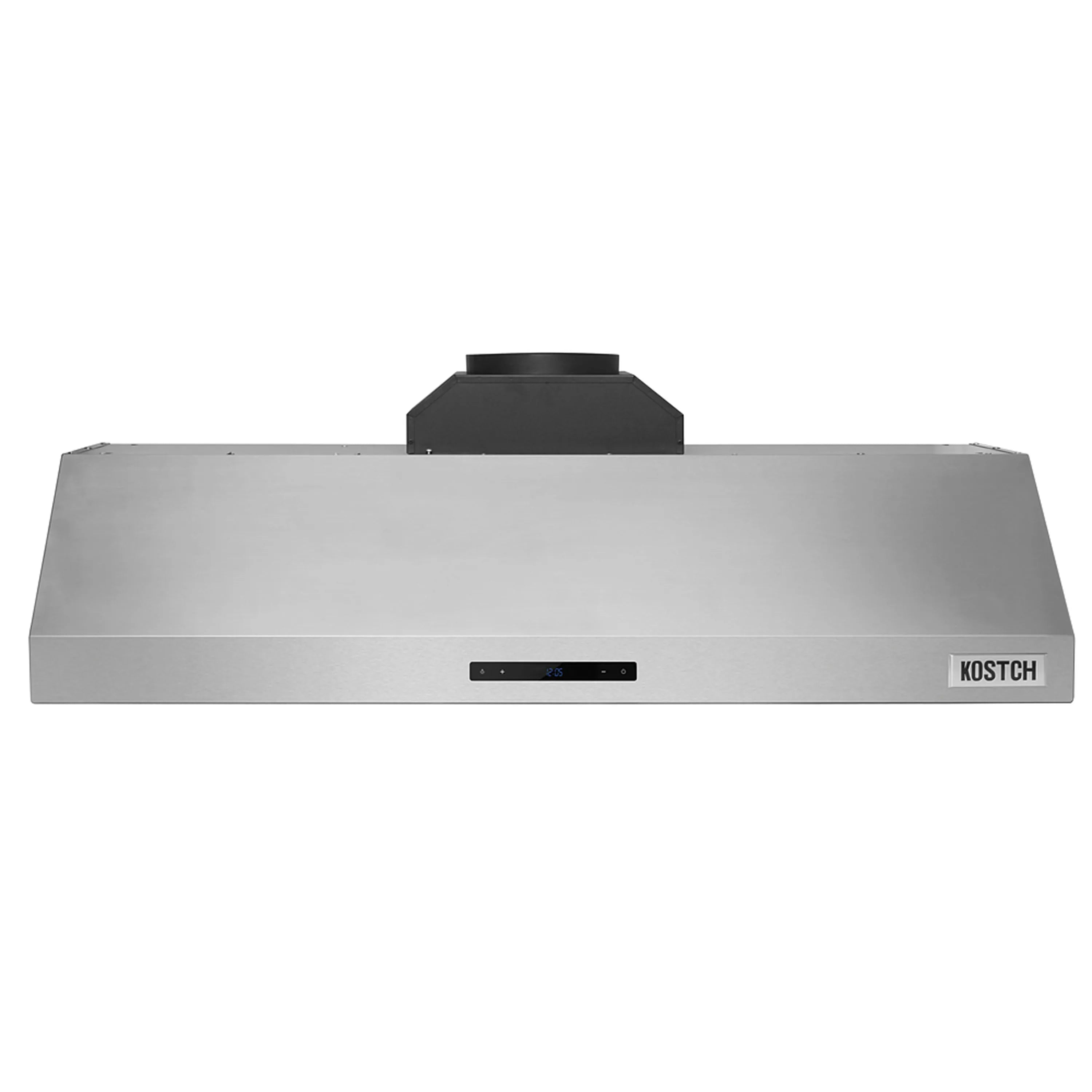 Stainless steel range hood top view with centered chimney and control buttons