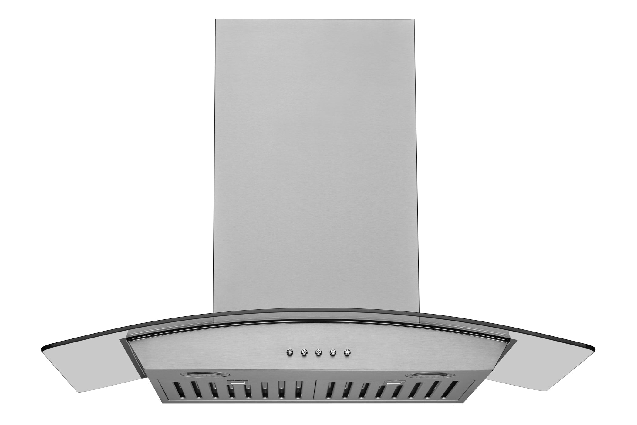Wall-mounted stainless steel range hood with tall chimney and curved canopy